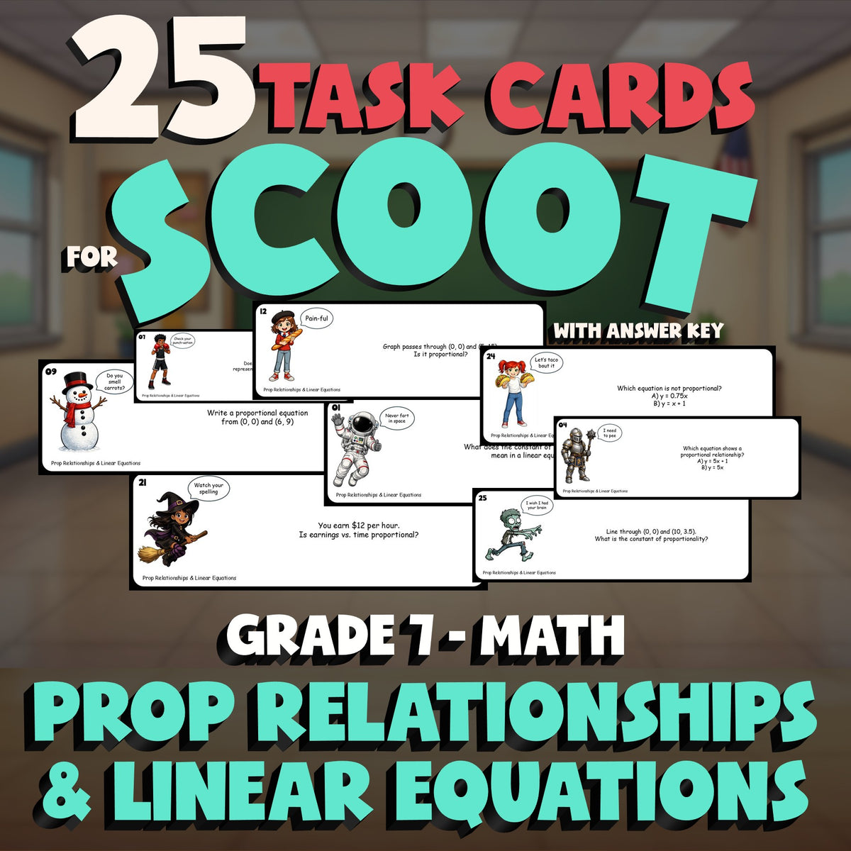 Prop Relationships & Linear Equations SCOOT TASK CARDS Math Game - Grade 7