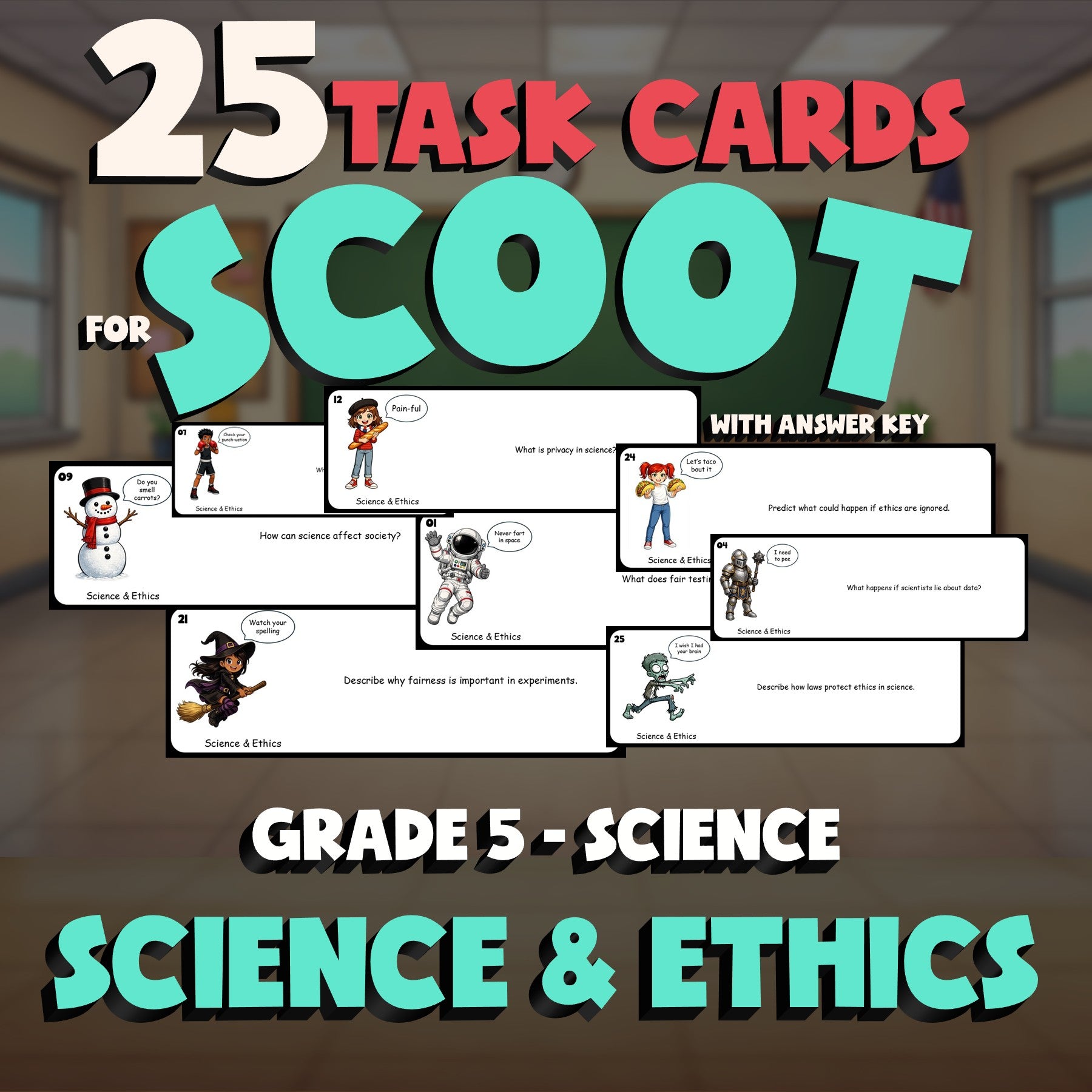 Science & Ethics SCOOT TASK CARDS Science Game - No Prep Grade 5 Review Activity