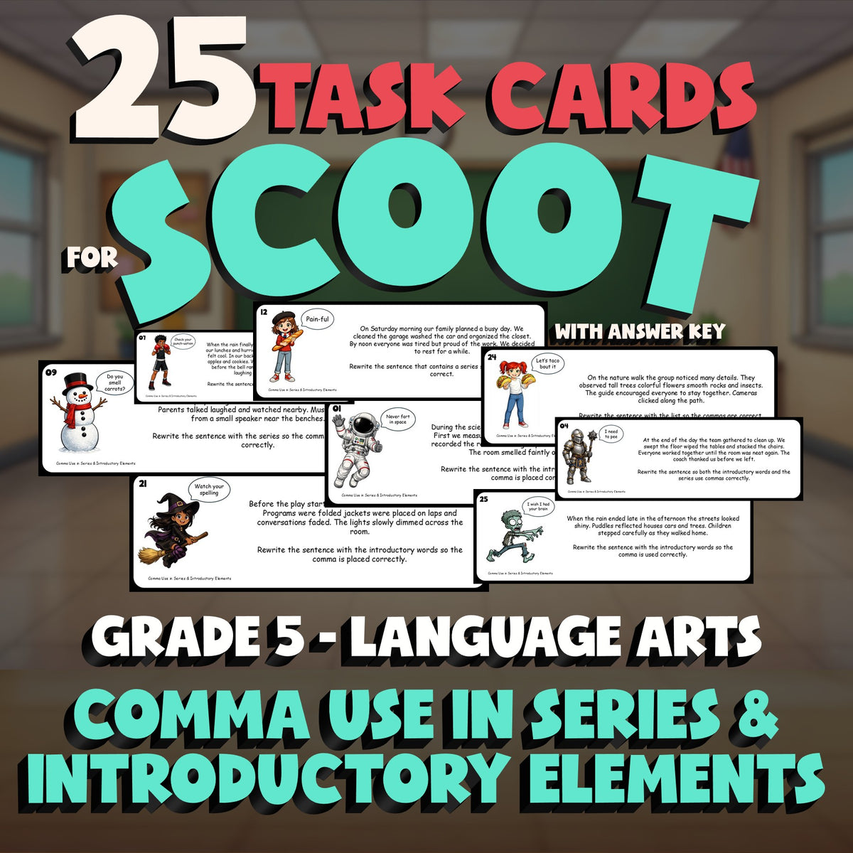 Comma Use in Series & Introductory Elements SCOOT TASK CARDS ELA Game - Grade 5