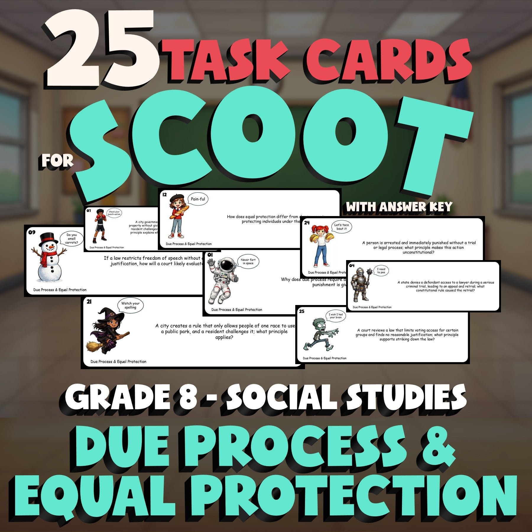 Due Process & Equal Protection SCOOT TASK CARDS Socials Game - No Prep Grade 8