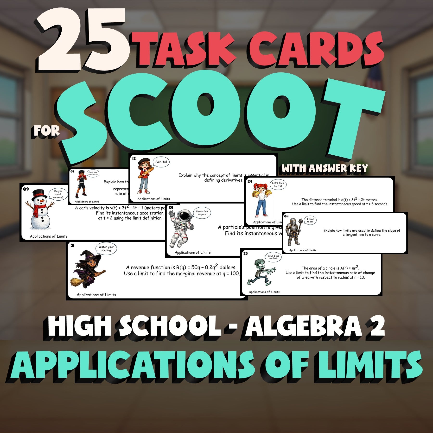 Applications of Limits SCOOT TASK CARDS Math Game - No Prep Algebra 2 Review