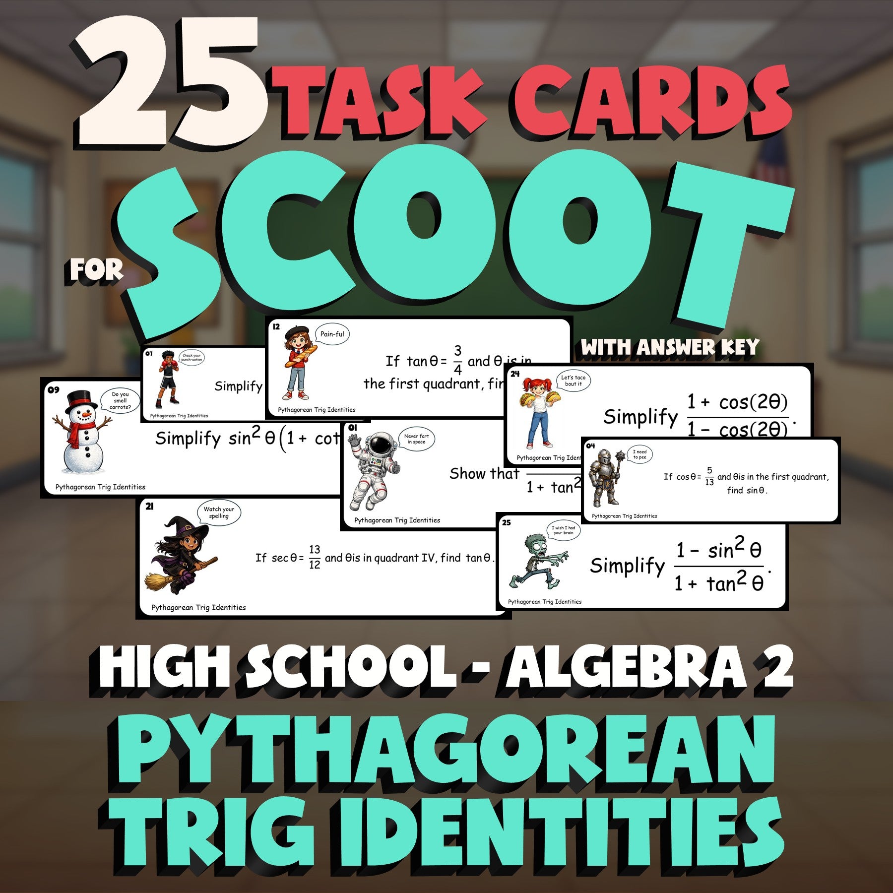 Pythagorean Trig Identities SCOOT TASK CARDS Math Game - No Prep Algebra 2