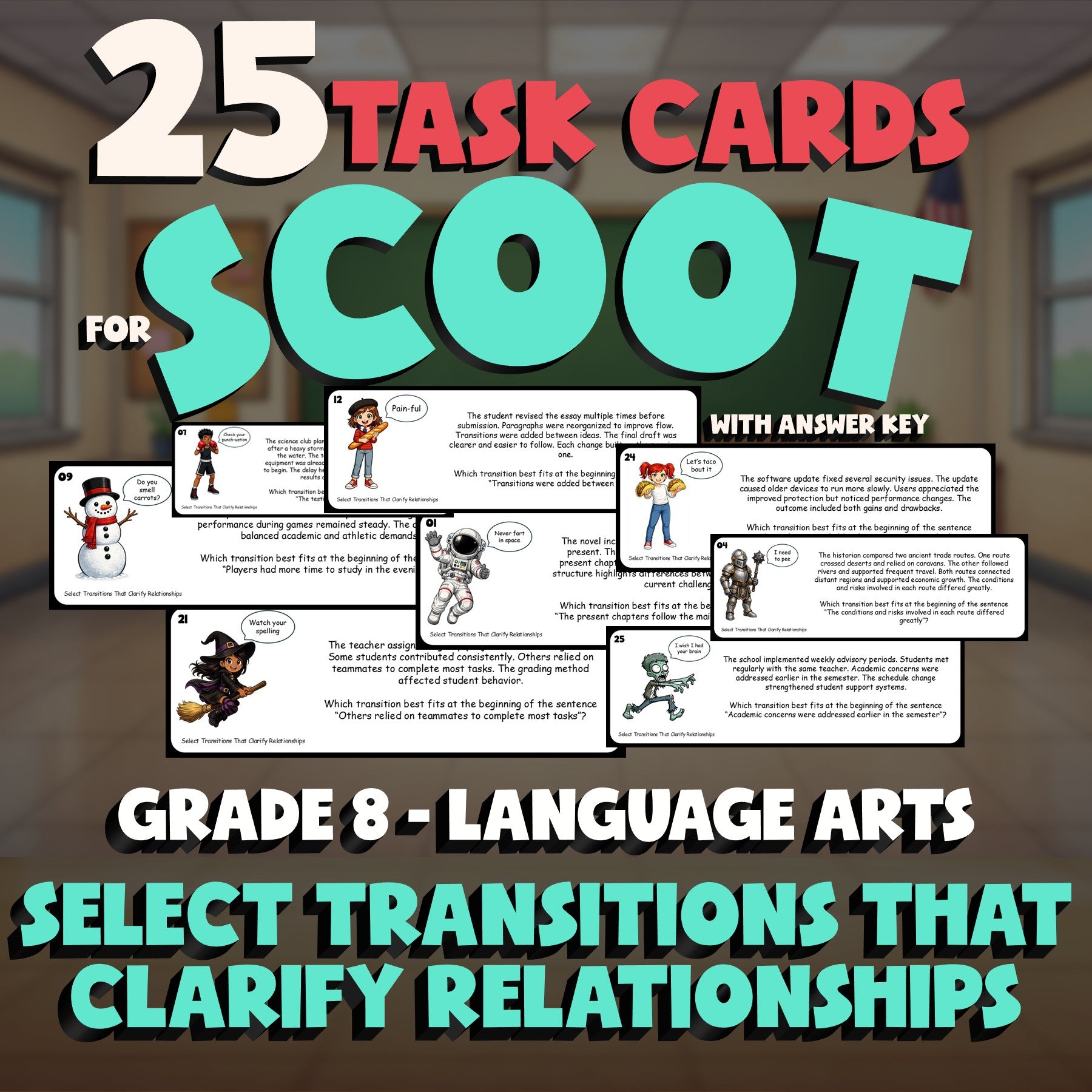 Select Transitions That Clarify Relationships SCOOT TASK CARDS ELA Game Grade 8