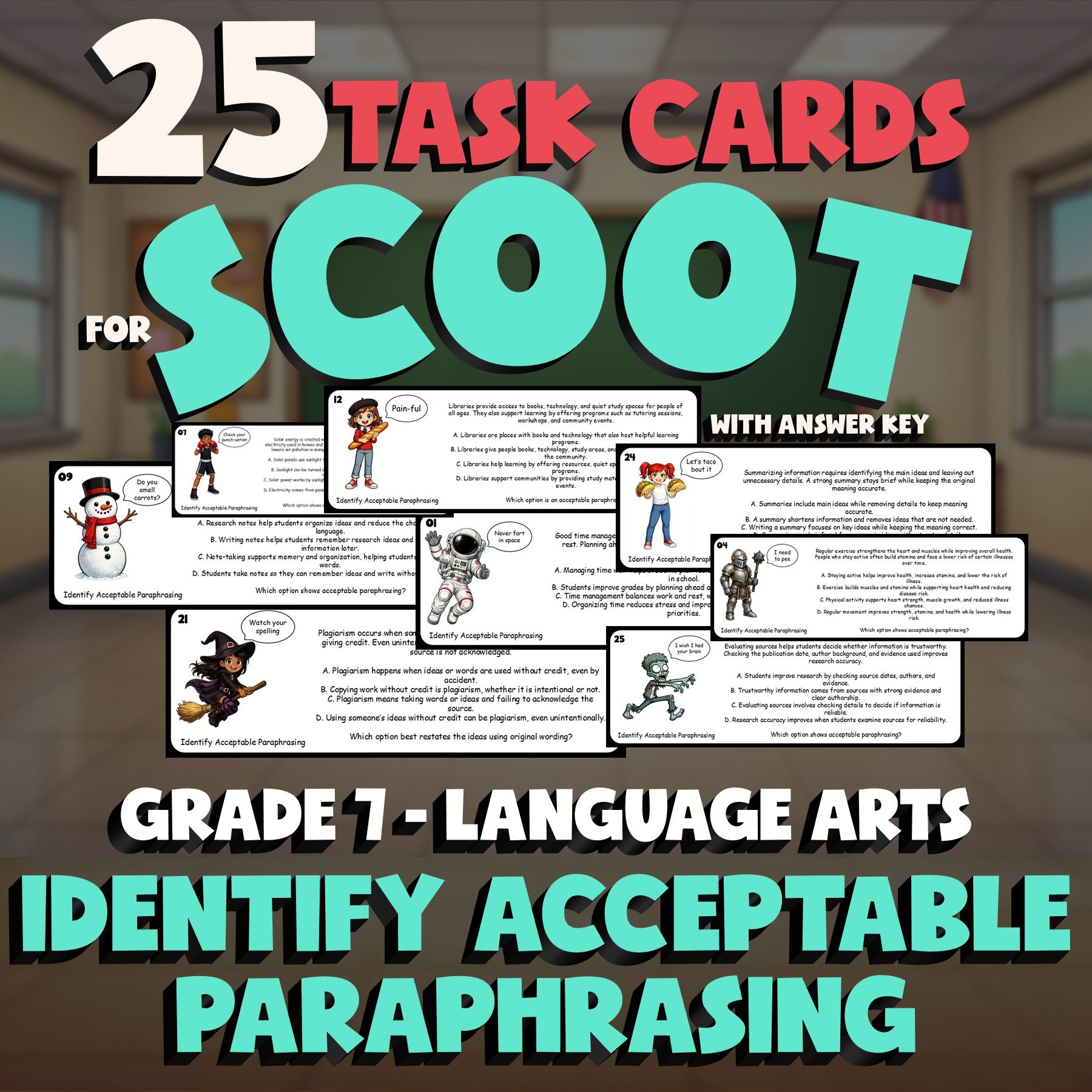 Identify Acceptable Paraphrasing SCOOT TASK CARDS ELA Game - No Prep Grade 7