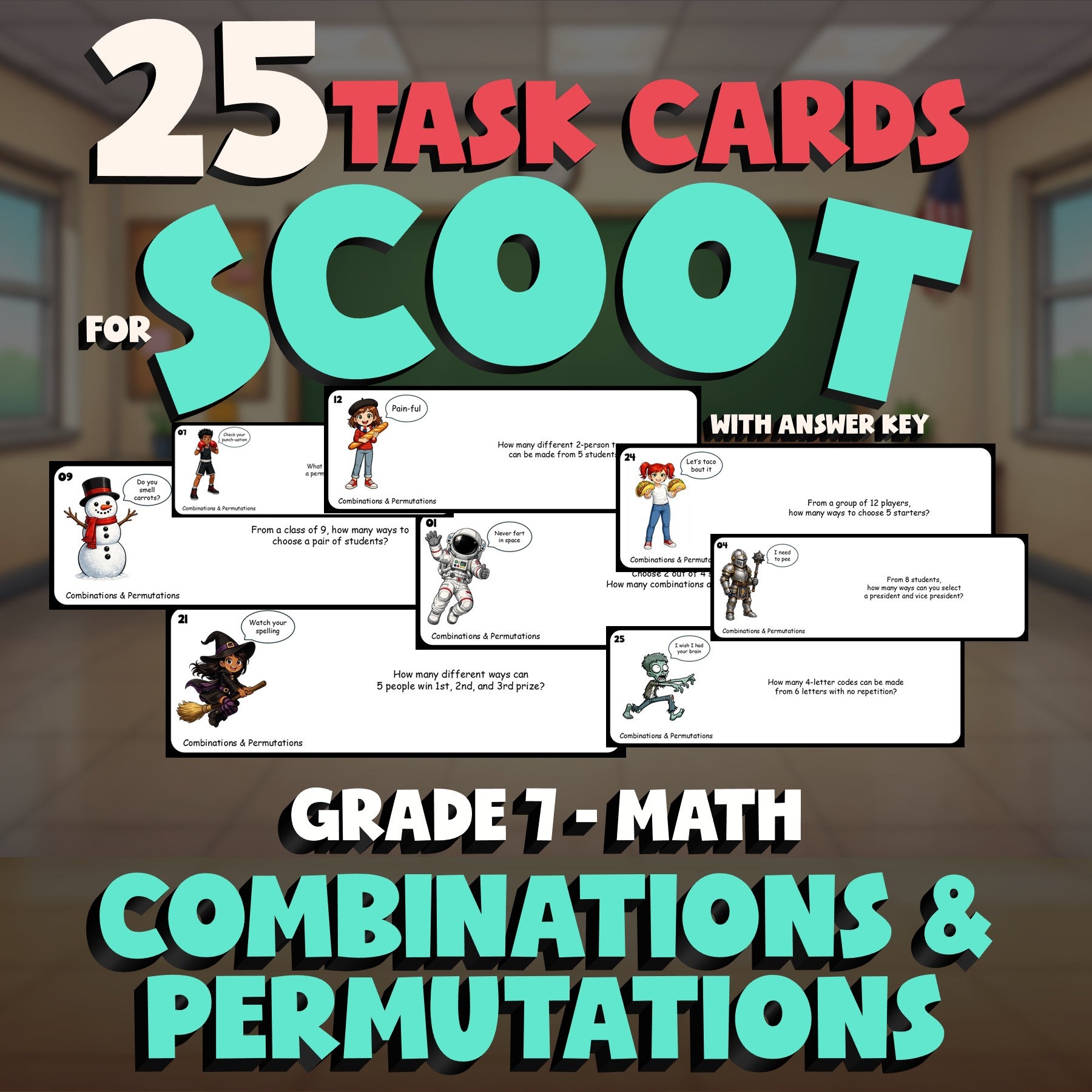 Combinations & Permutations SCOOT TASK CARDS Math Game - No Prep Grade 7 Review