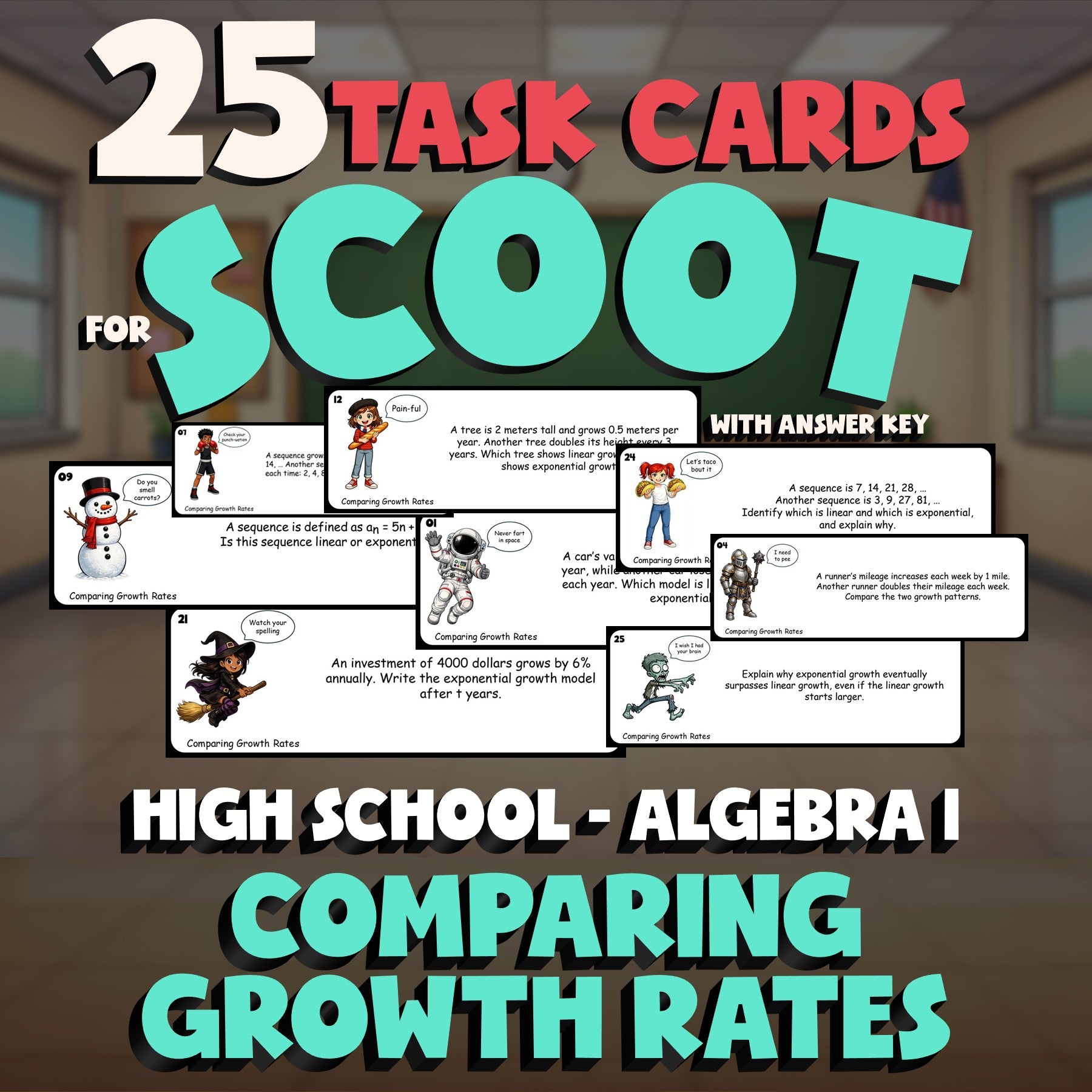 Comparing Growth Rates SCOOT TASK CARDS Math Game - No Prep Algebra 1 Review