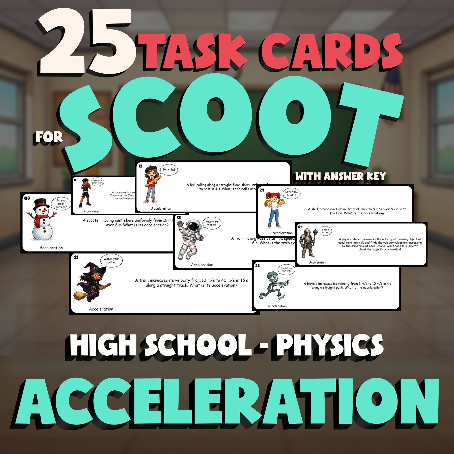 Acceleration SCOOT TASK CARDS Science Game - No Prep Physics Review Activity