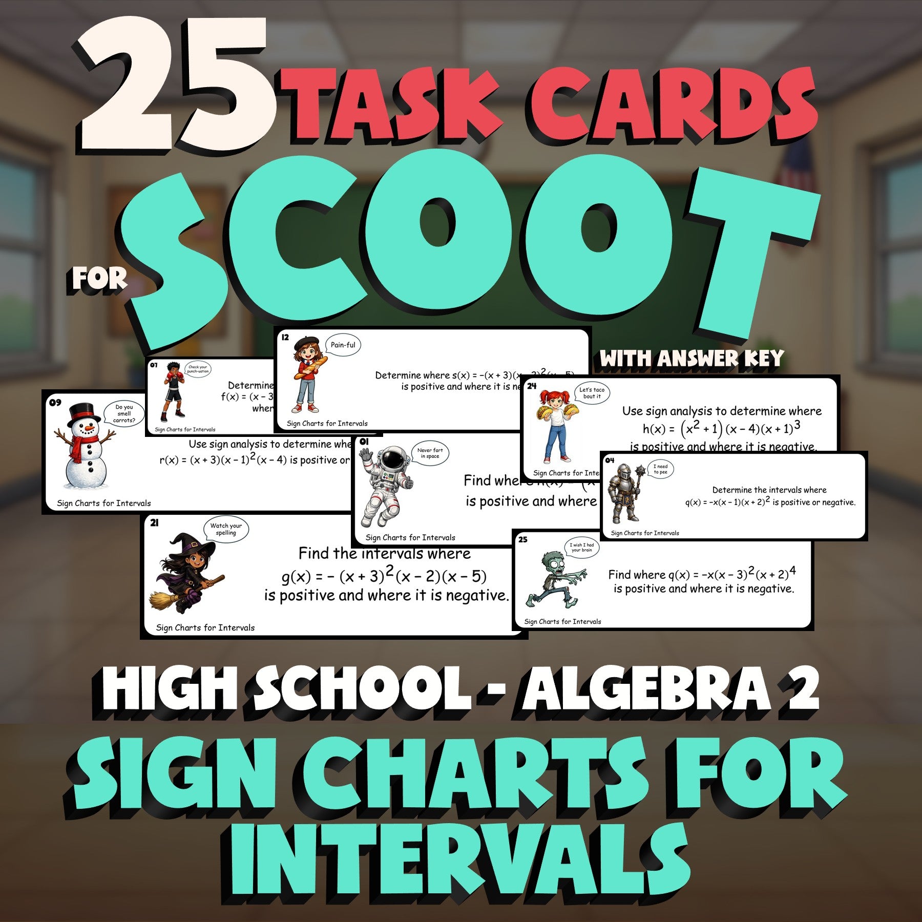 Sign Charts for Intervals SCOOT TASK CARDS Math Game - No Prep Algebra 2 Review