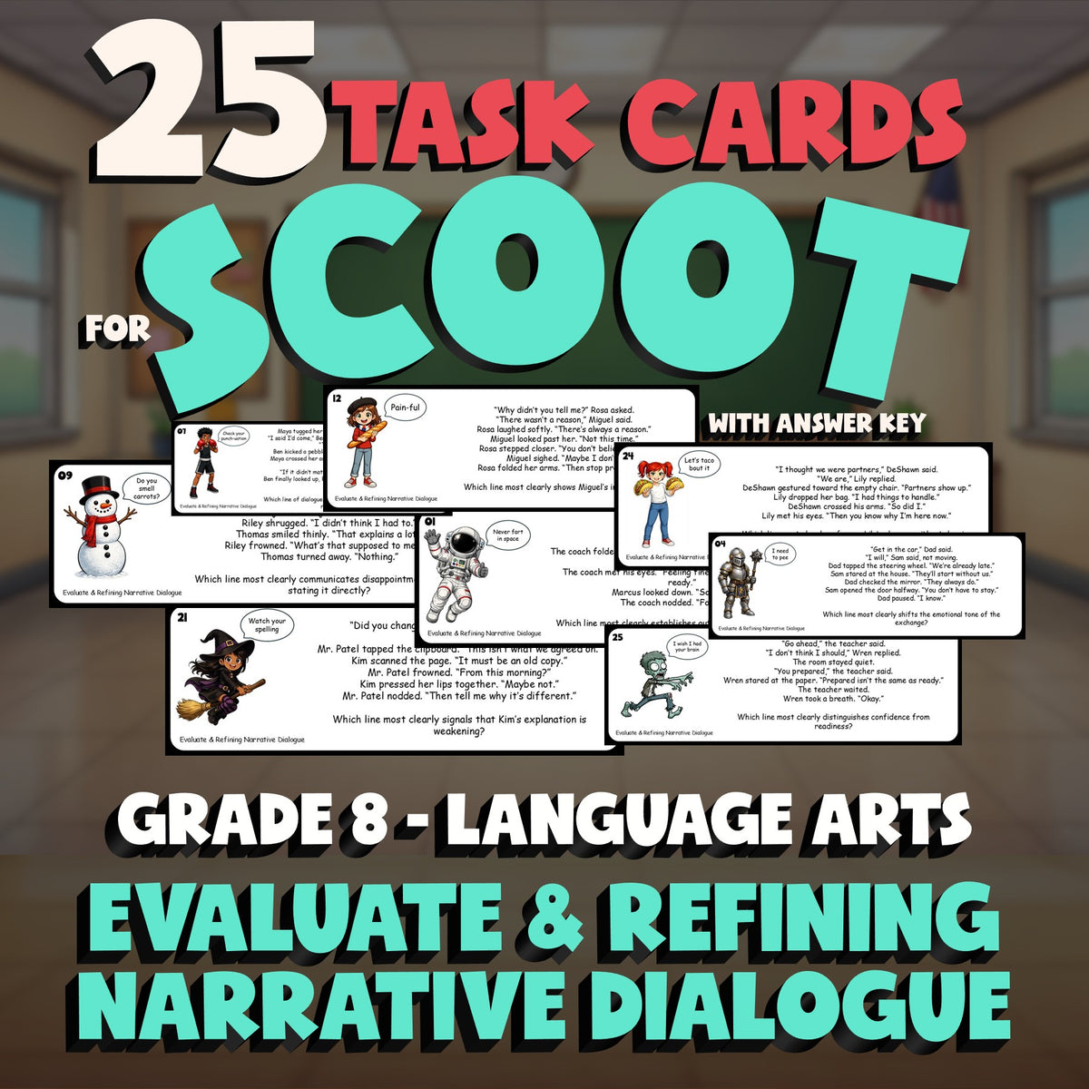 Evaluate & Refining Narrative Dialogue SCOOT TASK CARDS ELA Game - Grade 8