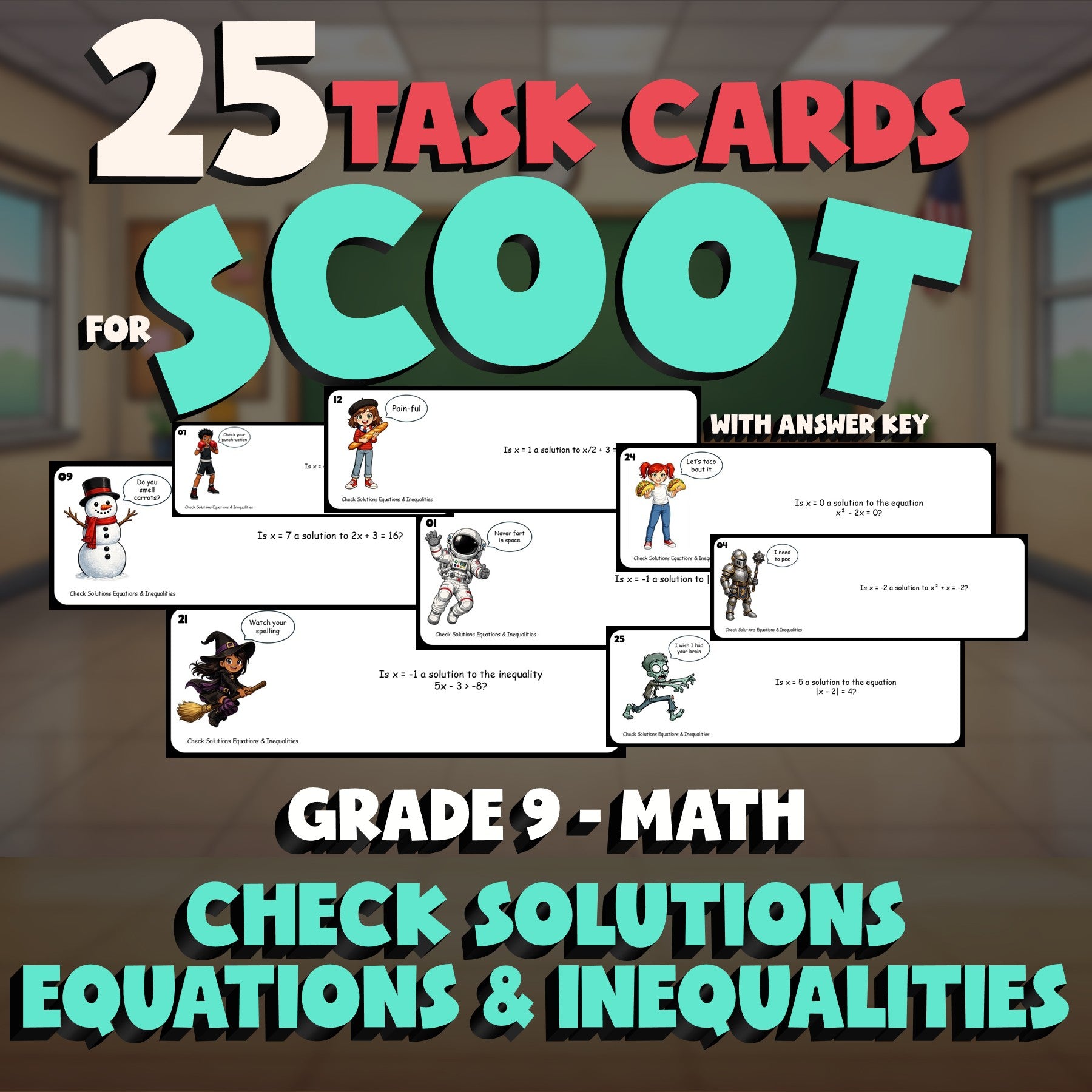 Check Solutions Equations & Inequalities SCOOT TASK CARDS Math Game - Grade 9