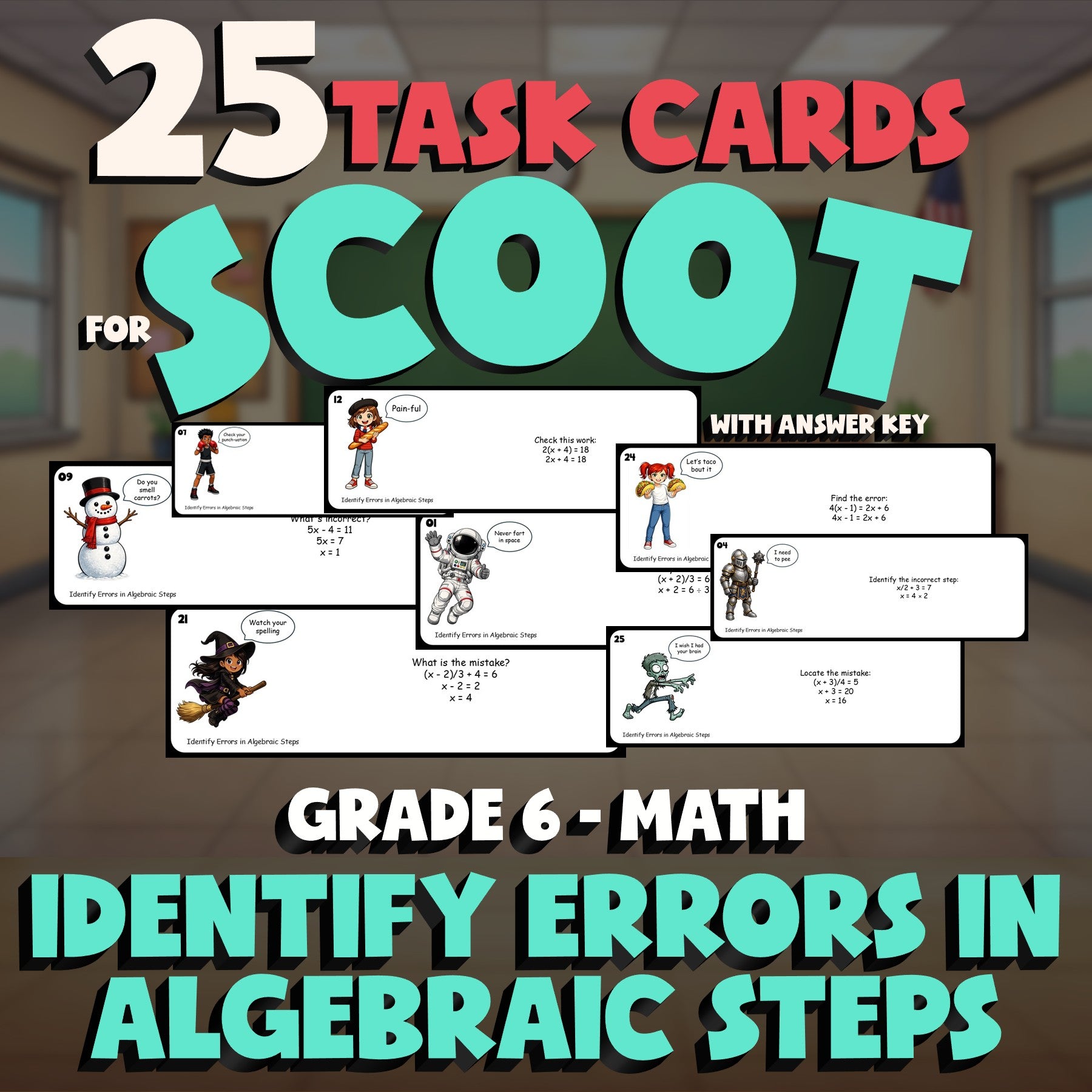 Identify Errors in Algebraic Steps SCOOT TASK CARDS Math Game - No Prep Grade 6