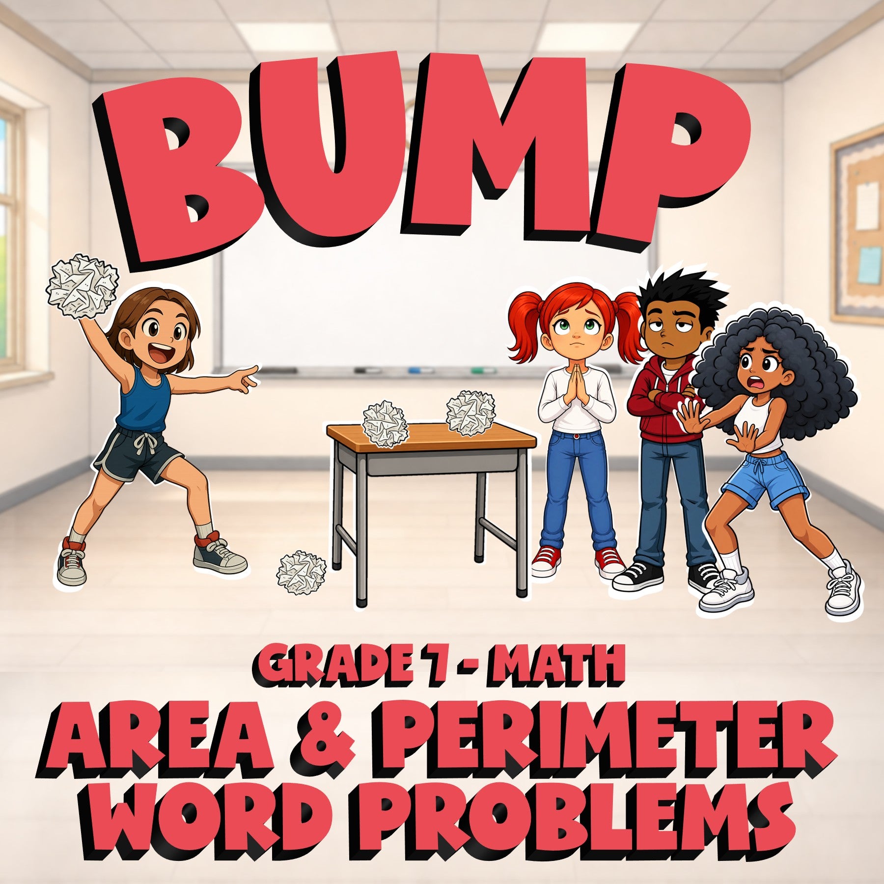 Area & Perimeter Word Problems BUMP Math Game - No Prep Grade 7 Review Activity