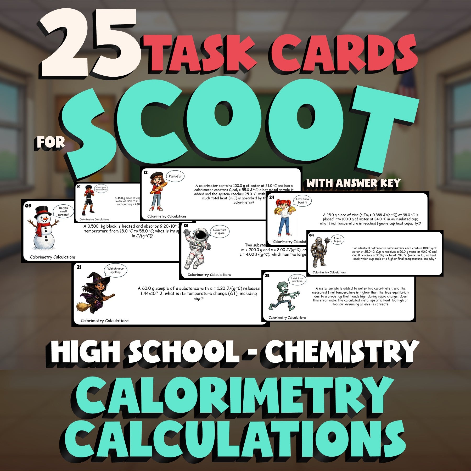 Calorimetry Calculations SCOOT TASK CARDS Science Game - No Prep Chemistry