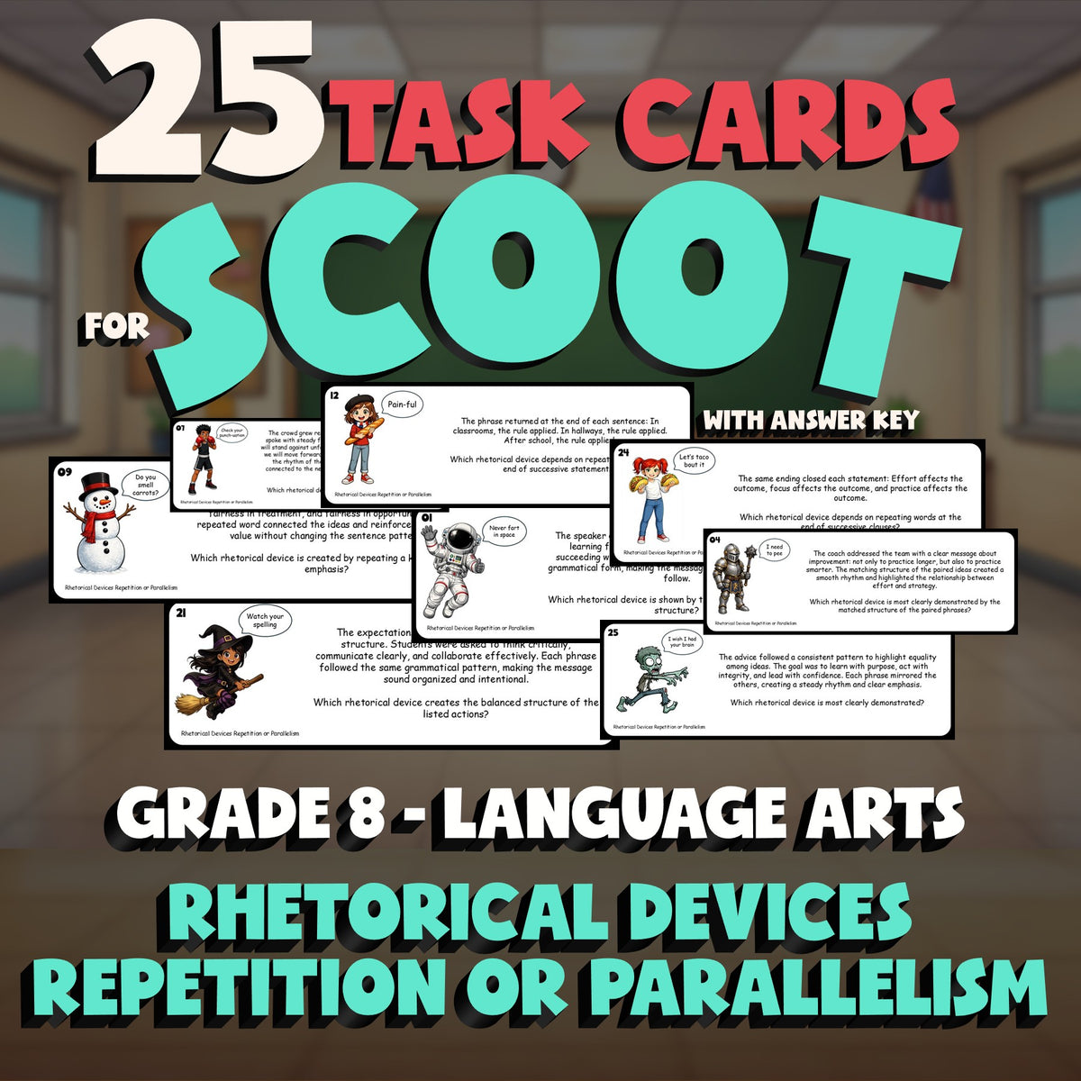 Rhetorical Devices Repetition or Parallelism SCOOT TASK CARDS ELA Game - Grade 8