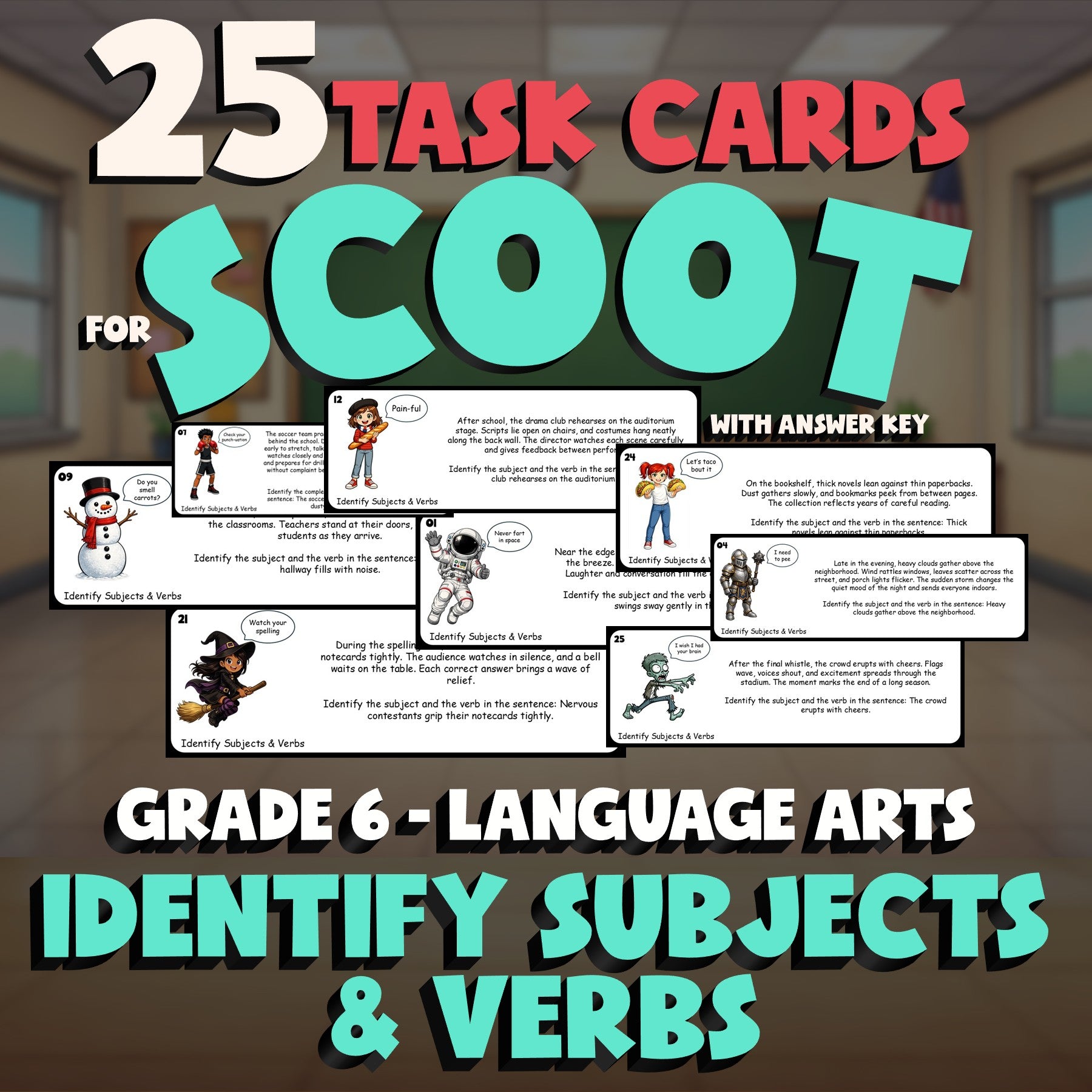 Identify Subjects & Verbs SCOOT TASK CARDS ELA Game - No Prep Grade 6 Review