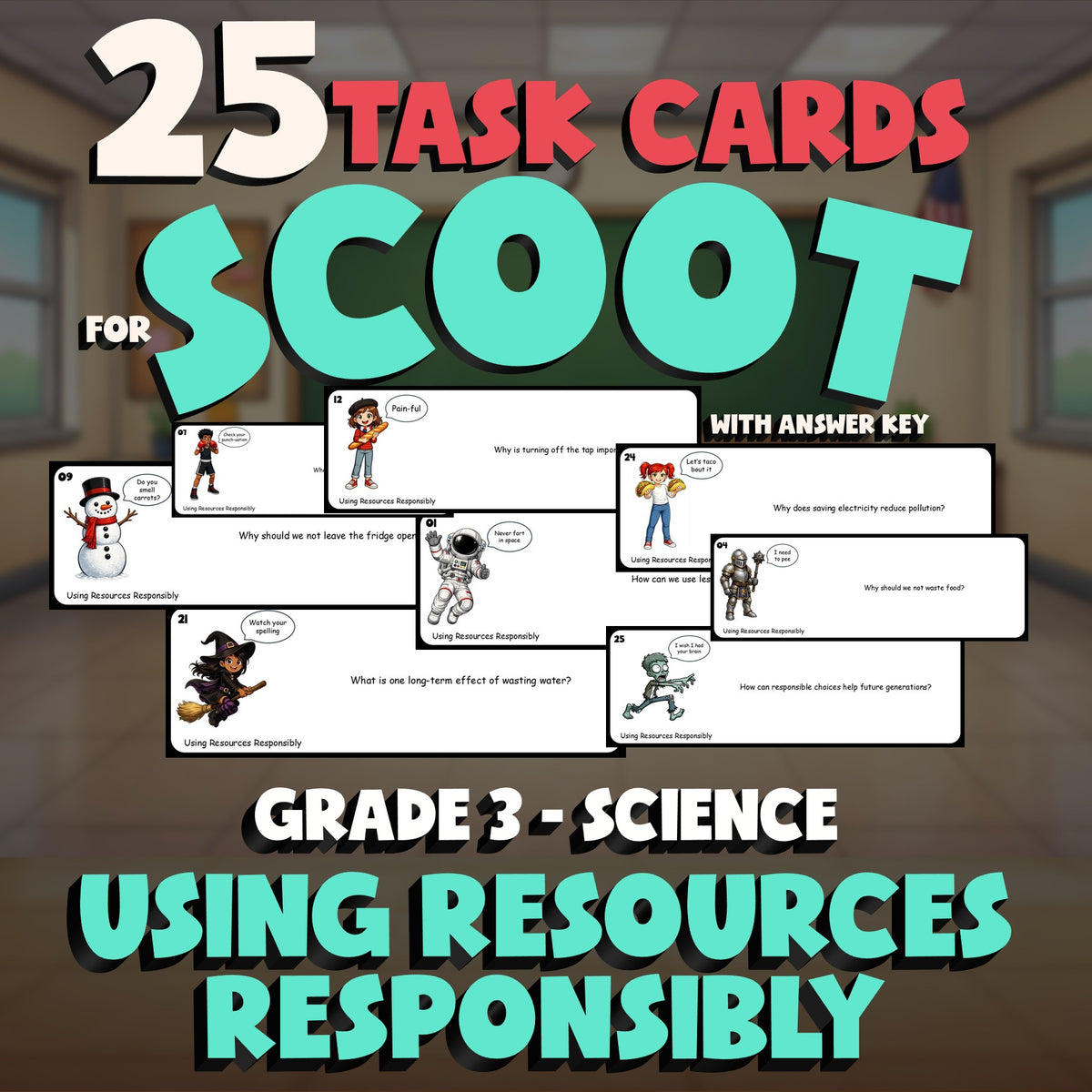 Using Resources Responsibly SCOOT TASK CARDS Science Game - No Prep Grade 3