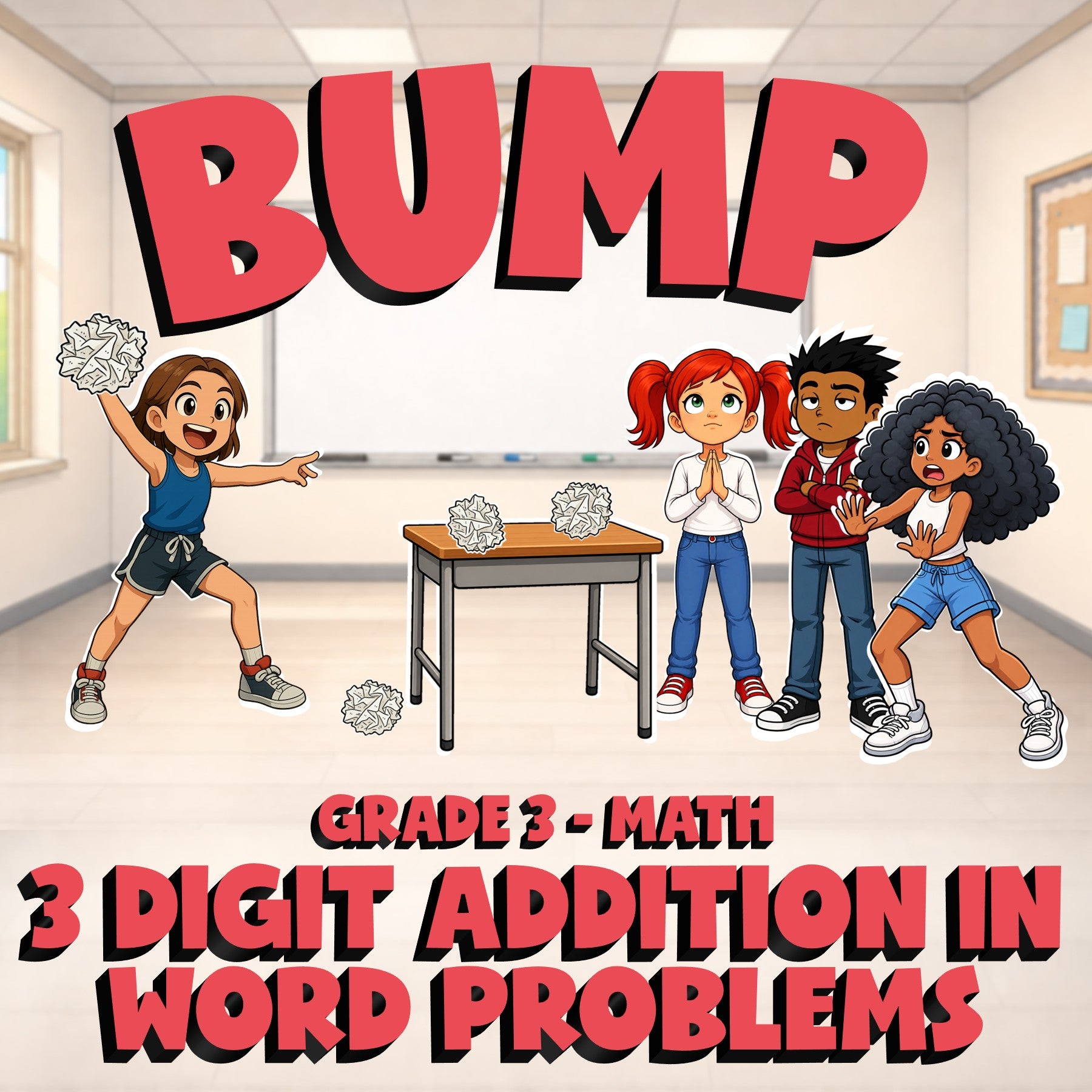 3 Digit Addition in Word Problems BUMP Math Game - No Prep Grade 3 Review