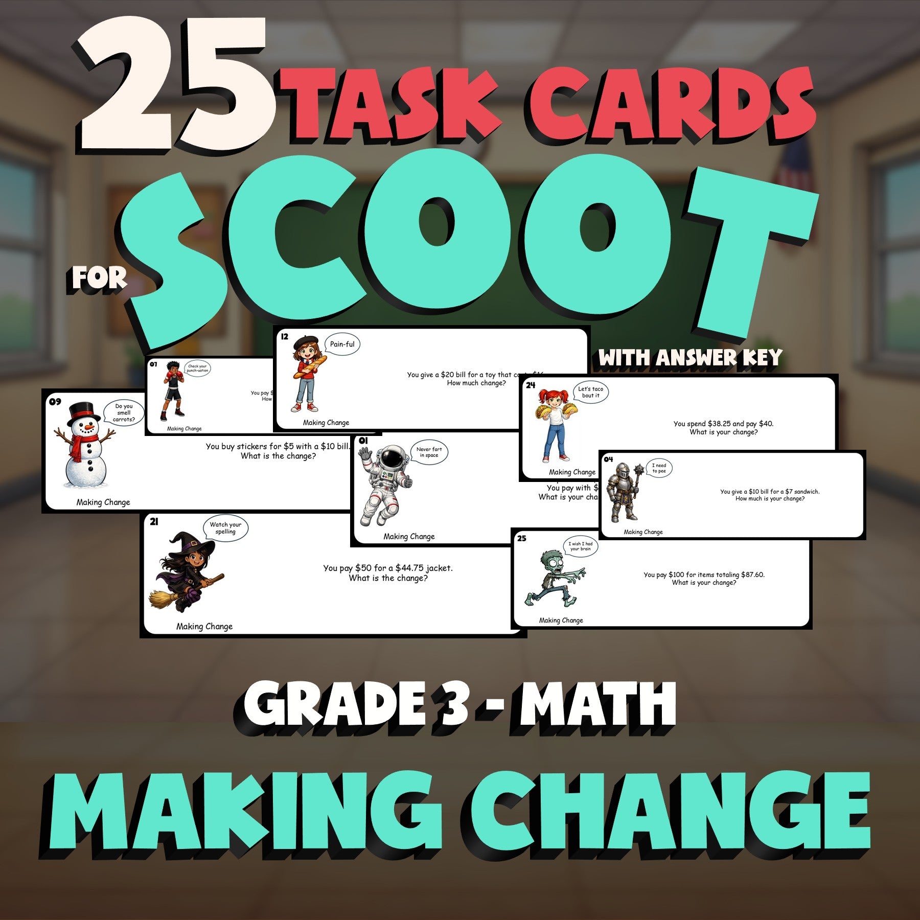 Making Change SCOOT TASK CARDS Math Game - No Prep Grade 3 Review Activity
