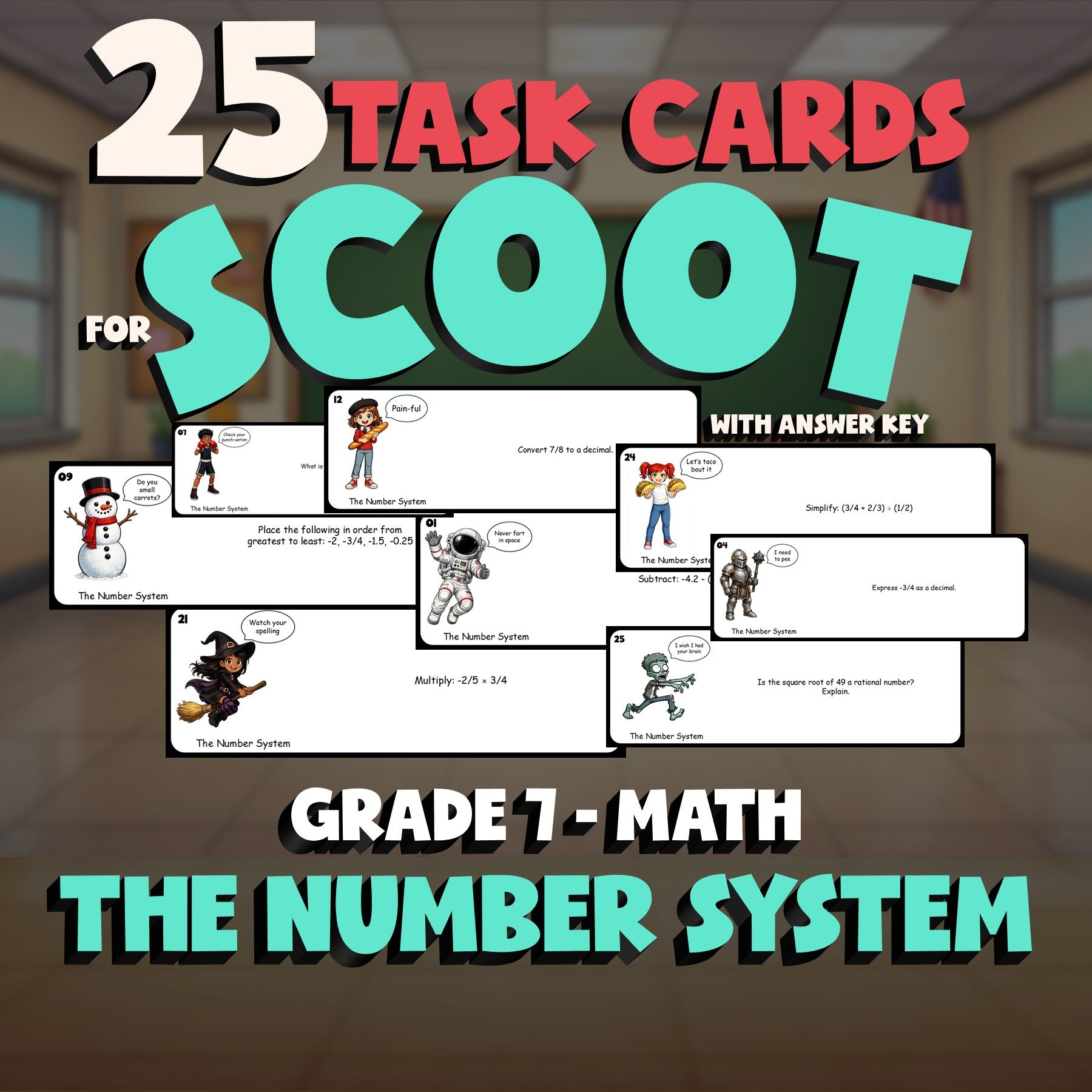 The Number System SCOOT TASK CARDS Math Game - No Prep Grade 7 Review Activity