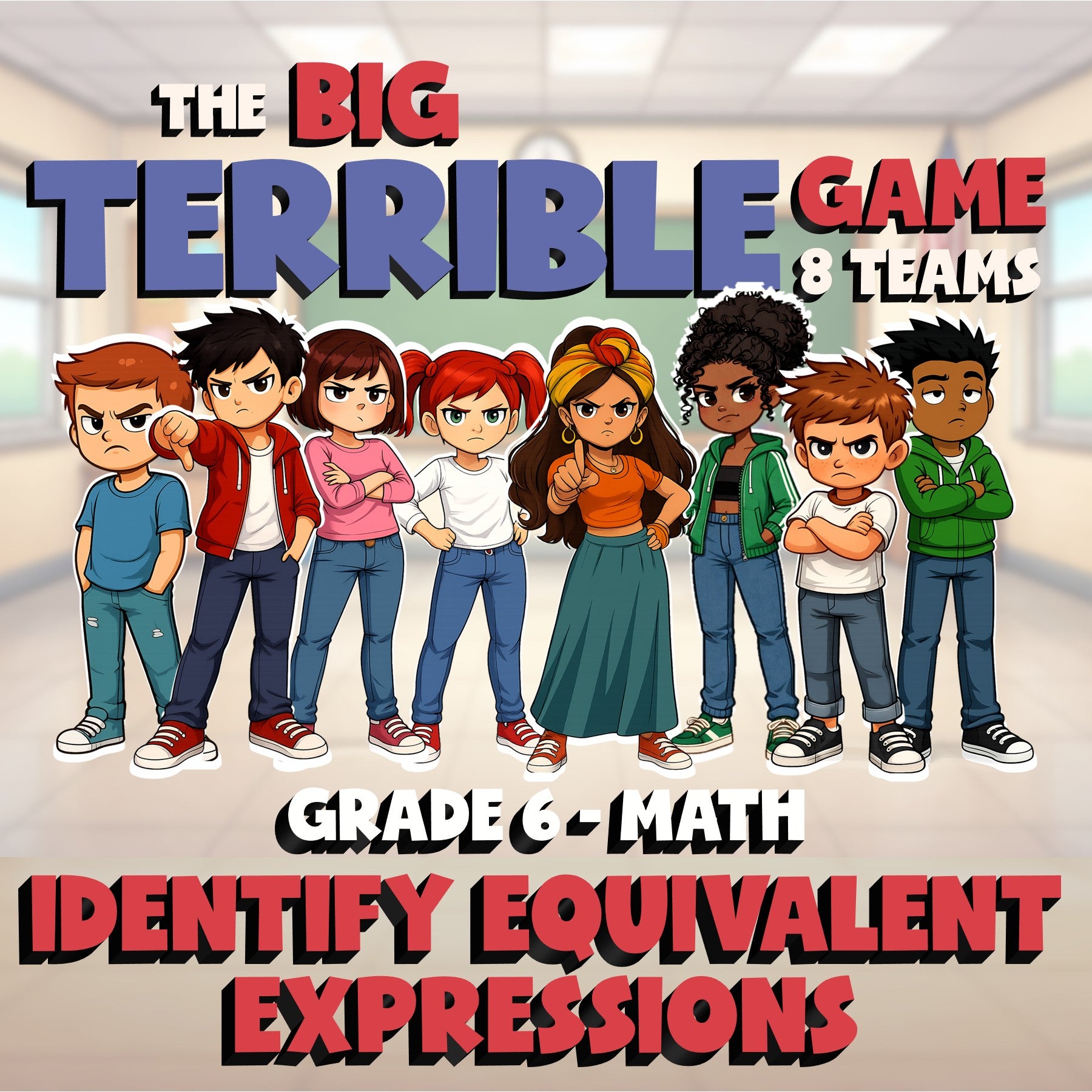 Identify Equivalent Expressions BIG TERRIBLE GAME - No Prep Grade 6 Math Review