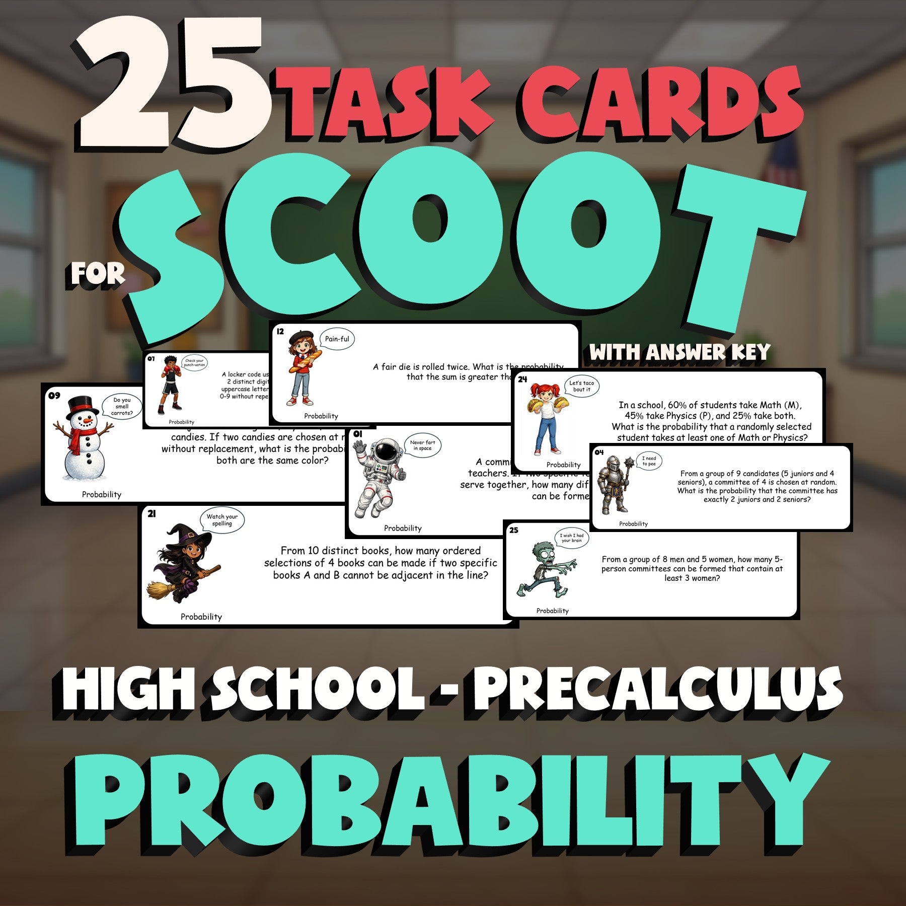 Probability SCOOT TASK CARDS Math Game - No Prep PreCalculus Review Activity