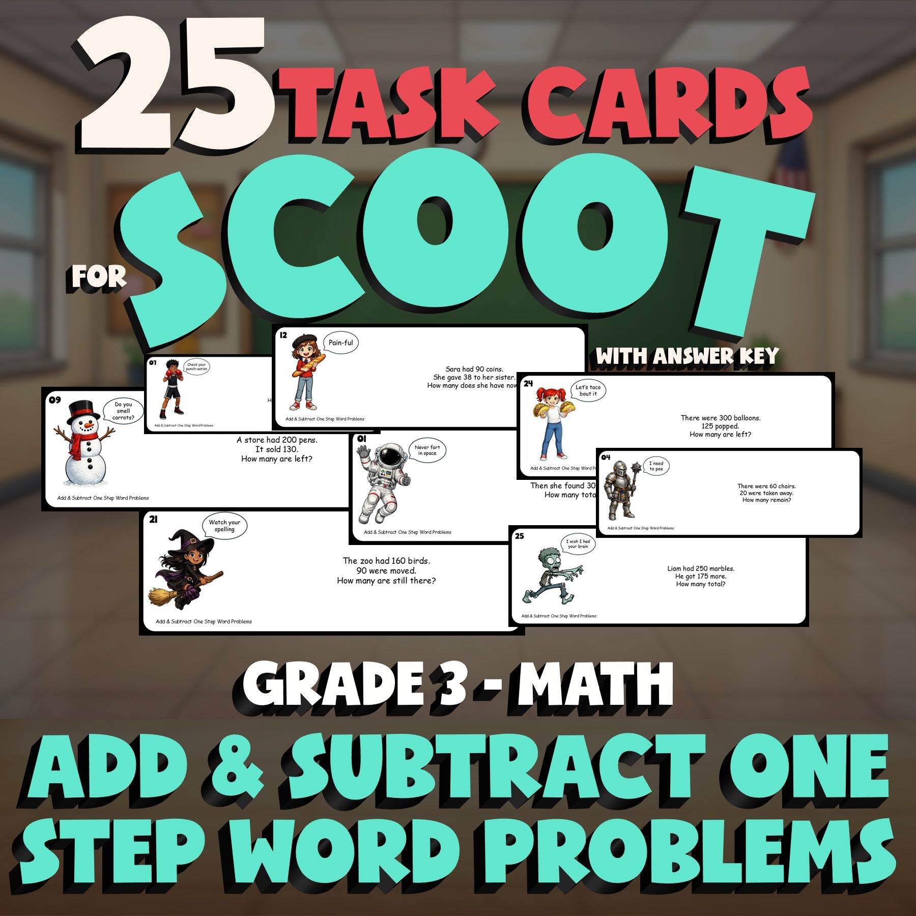 Add & Subtract One Step Word Problems SCOOT TASK CARDS Math Game - Grade 3