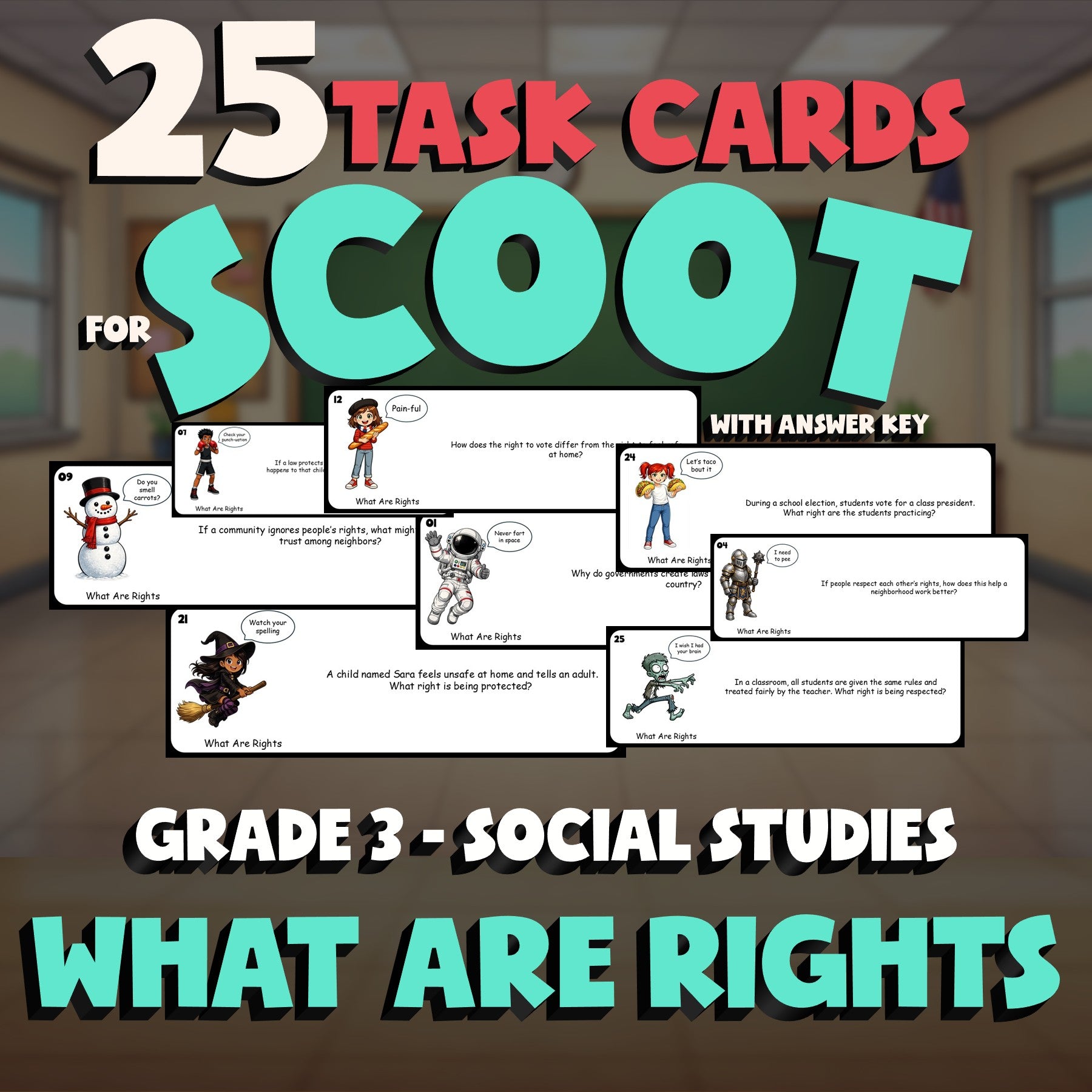 What Are Rights SCOOT TASK CARDS Socials Game - No Prep Grade 3 Review Activity