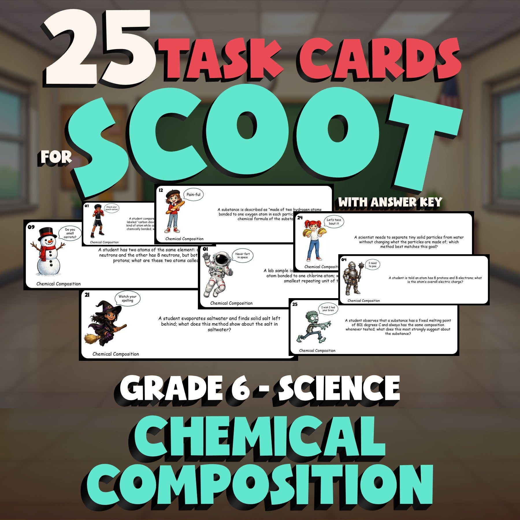 Chemical Composition SCOOT TASK CARDS Science Game - No Prep Grade 6 Review