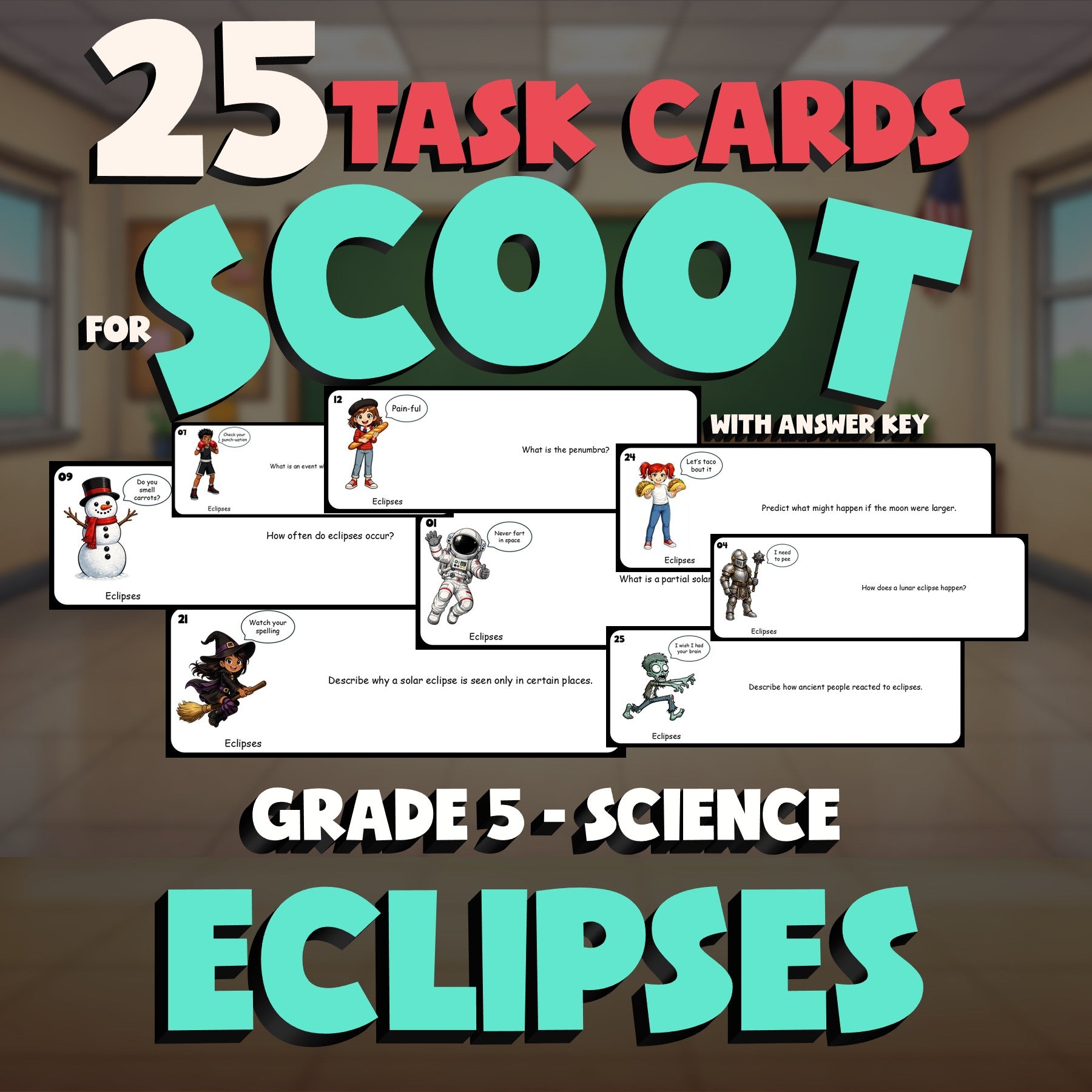 Eclipses SCOOT TASK CARDS Science Game - No Prep Grade 5 Review Activity