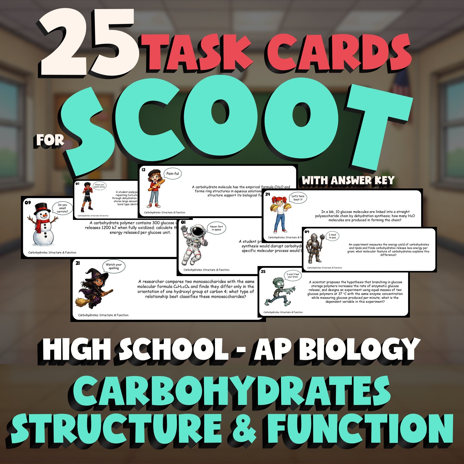Carbohydrates Structure & Function SCOOT TASK CARDS Science Game - AP Biology