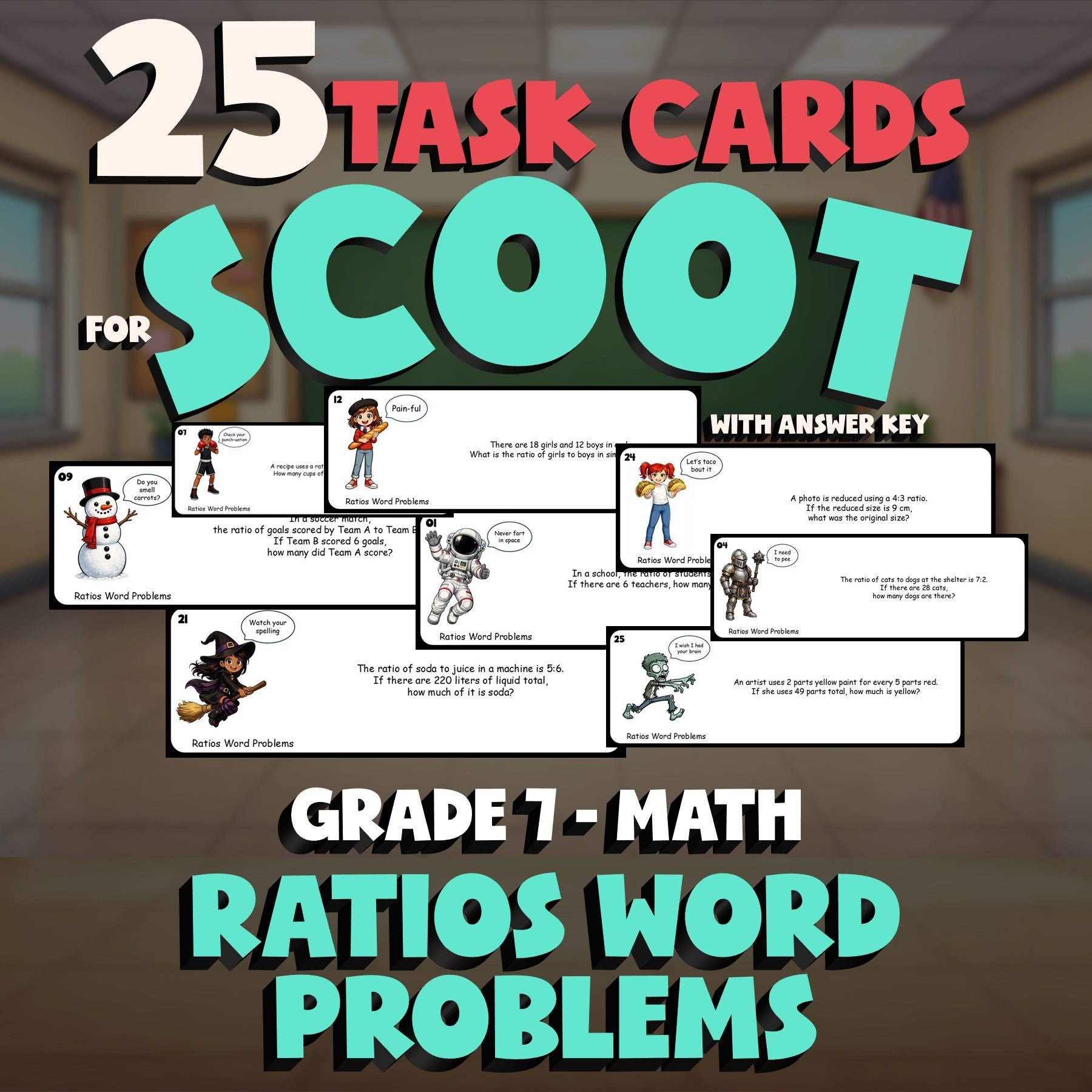 Ratios Word Problems SCOOT TASK CARDS Math Game - No Prep Grade 7 Review