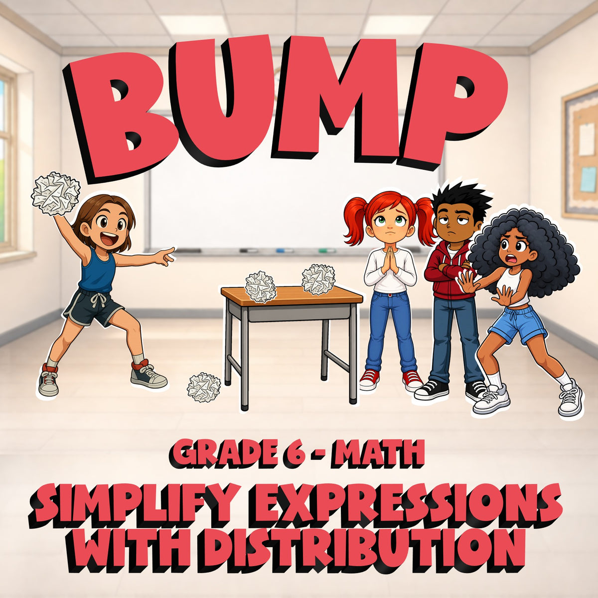 Simplify Expressions with Distribution BUMP Math Game - No Prep Grade 6 Review