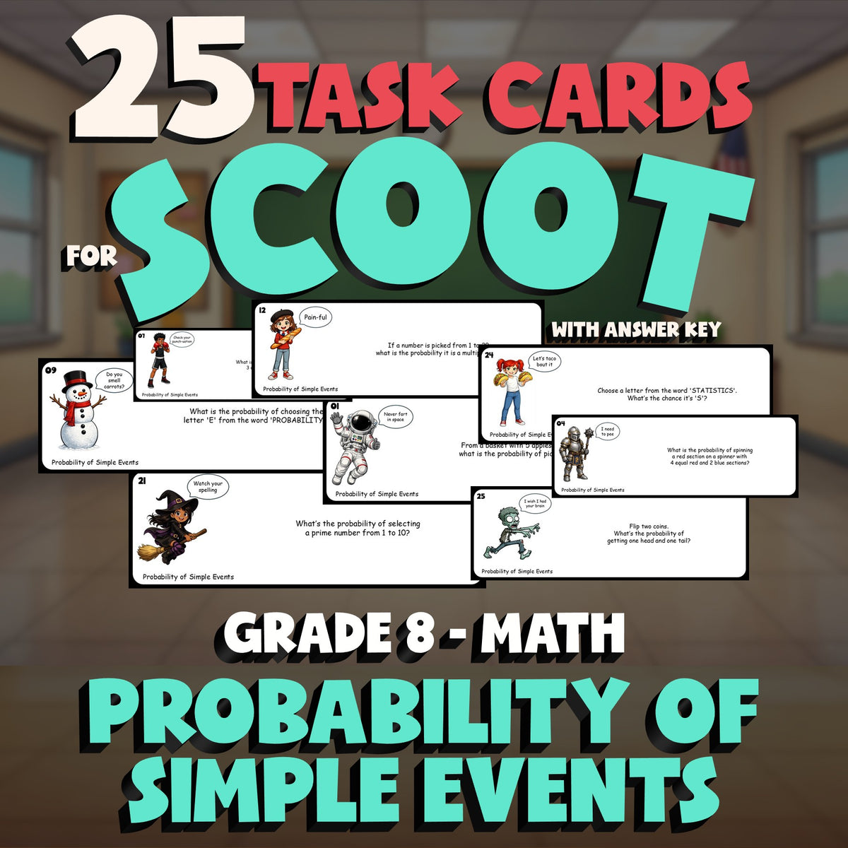 Probability of Simple Events SCOOT TASK CARDS Math Game - No Prep Grade 8 Review