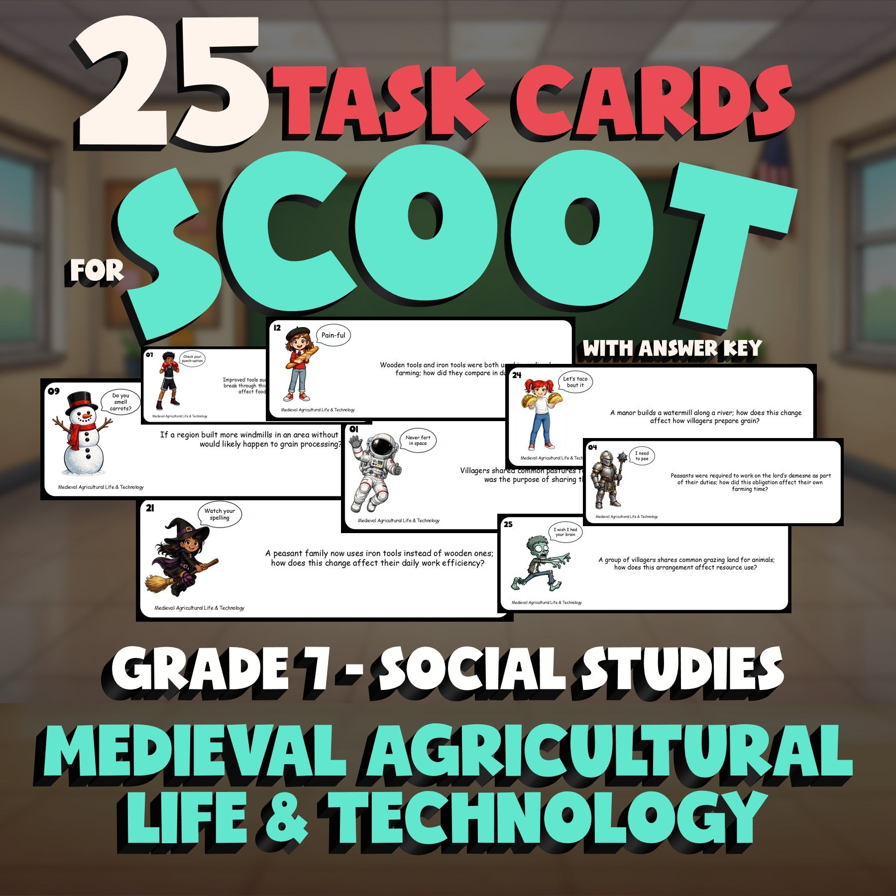 Medieval Agricultural Life & Technology SCOOT TASK CARDS Socials Game - Grade 7