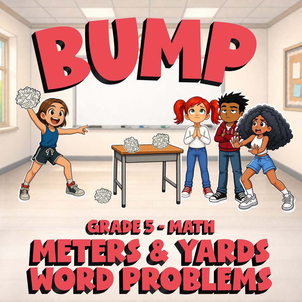 Meters & Yards Word Problems BUMP Math Game - No Prep Grade 5 Review Activity