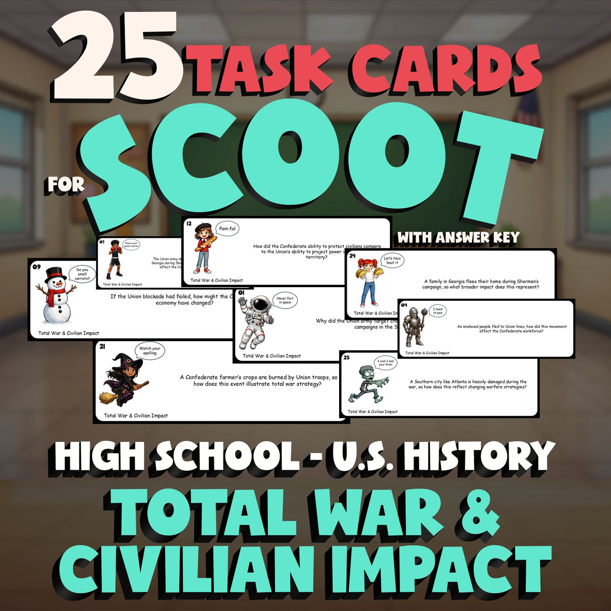 Total War & Civilian Impact SCOOT TASK CARDS U.S. History Game - No Prep Review