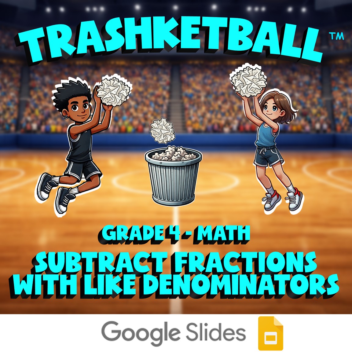 Subtract Fractions with Like Denominators TRASHKETBALL Math Game - Grade 4