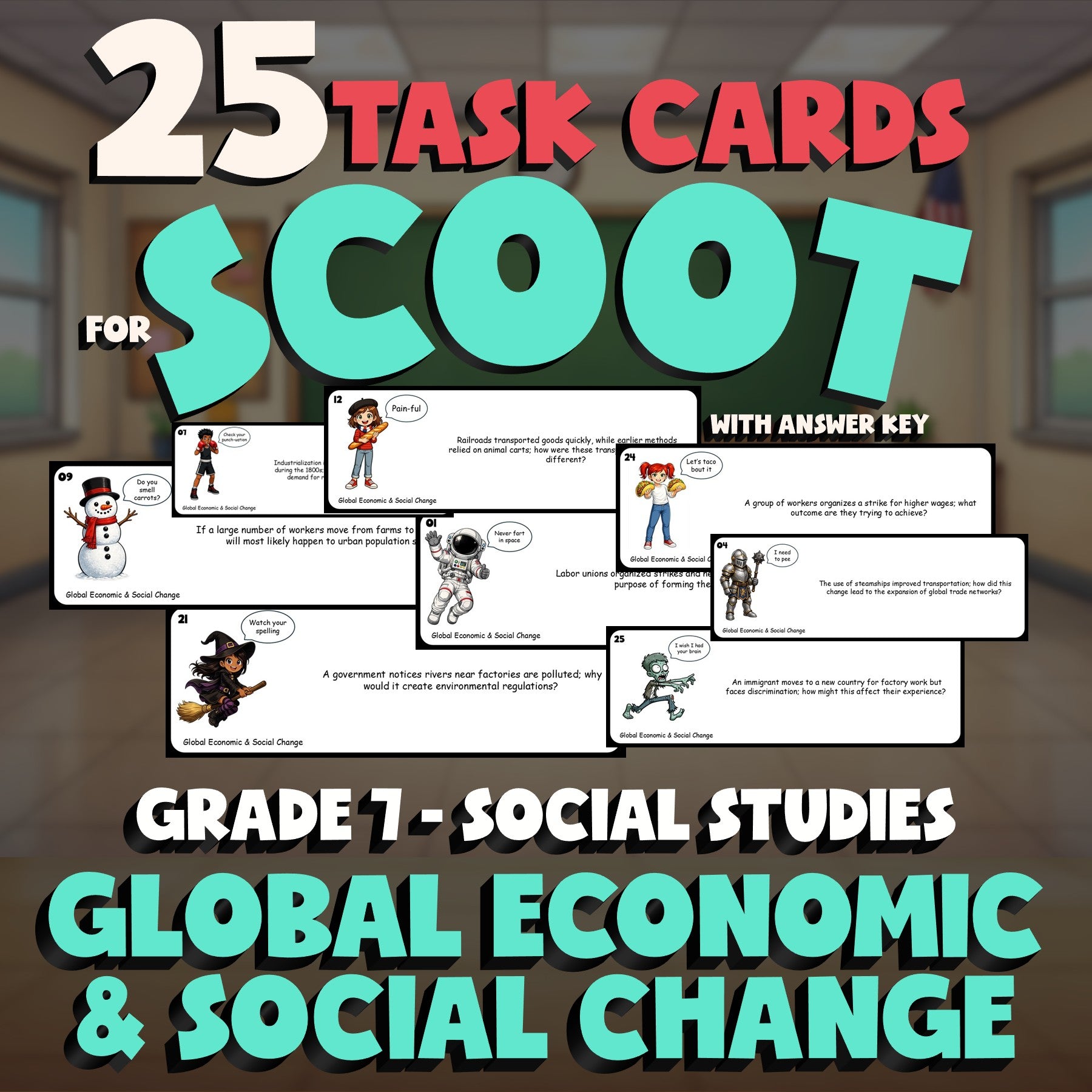 Global Economic & Social Change SCOOT TASK CARDS Socials Game - No Prep Grade 7