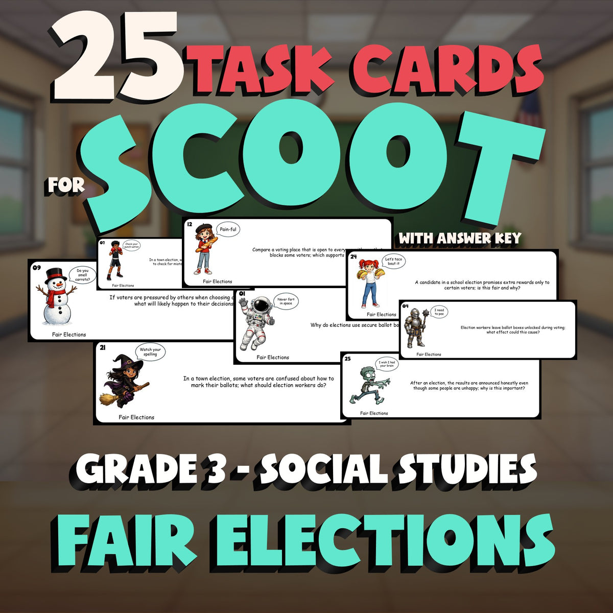 Fair Elections SCOOT TASK CARDS Socials Game - No Prep Grade 3 Review Activity