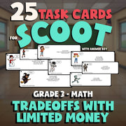 Tradeoffs with Limited Money SCOOT TASK CARDS Math Game - No Prep Grade 3 Review