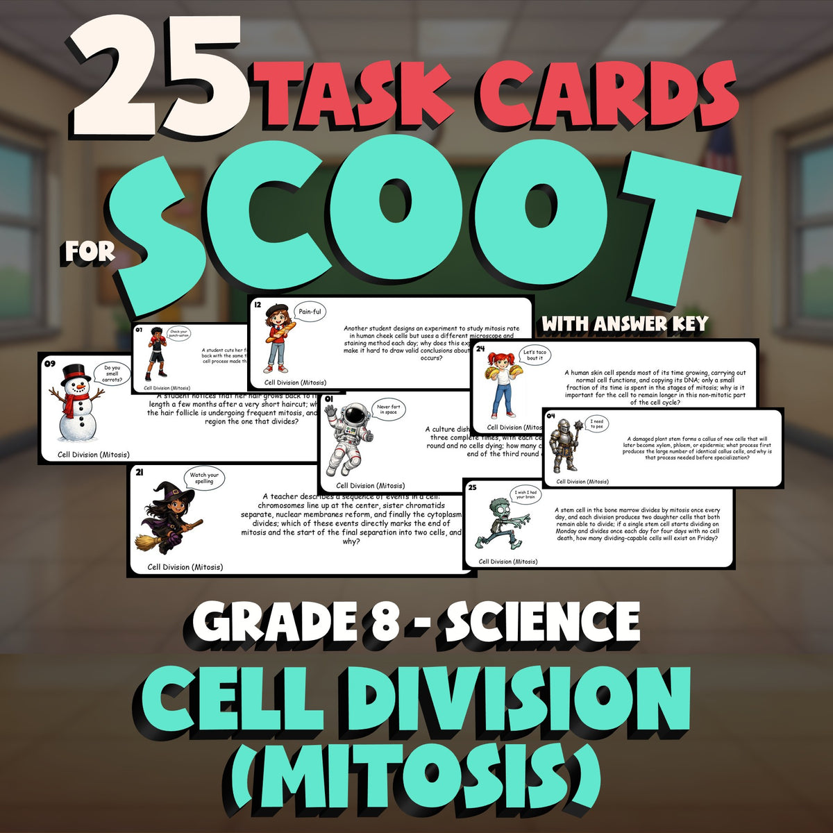 Cell Division (Mitosis) SCOOT TASK CARDS Science Game - No Prep Grade 8 Review