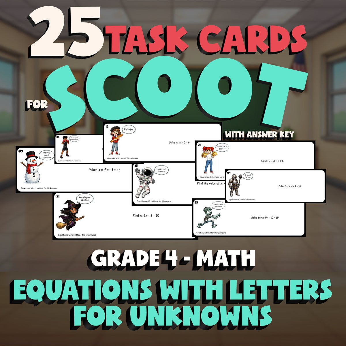 Equations with Letters for Unknowns SCOOT TASK CARDS Math Game - No Prep Grade 4