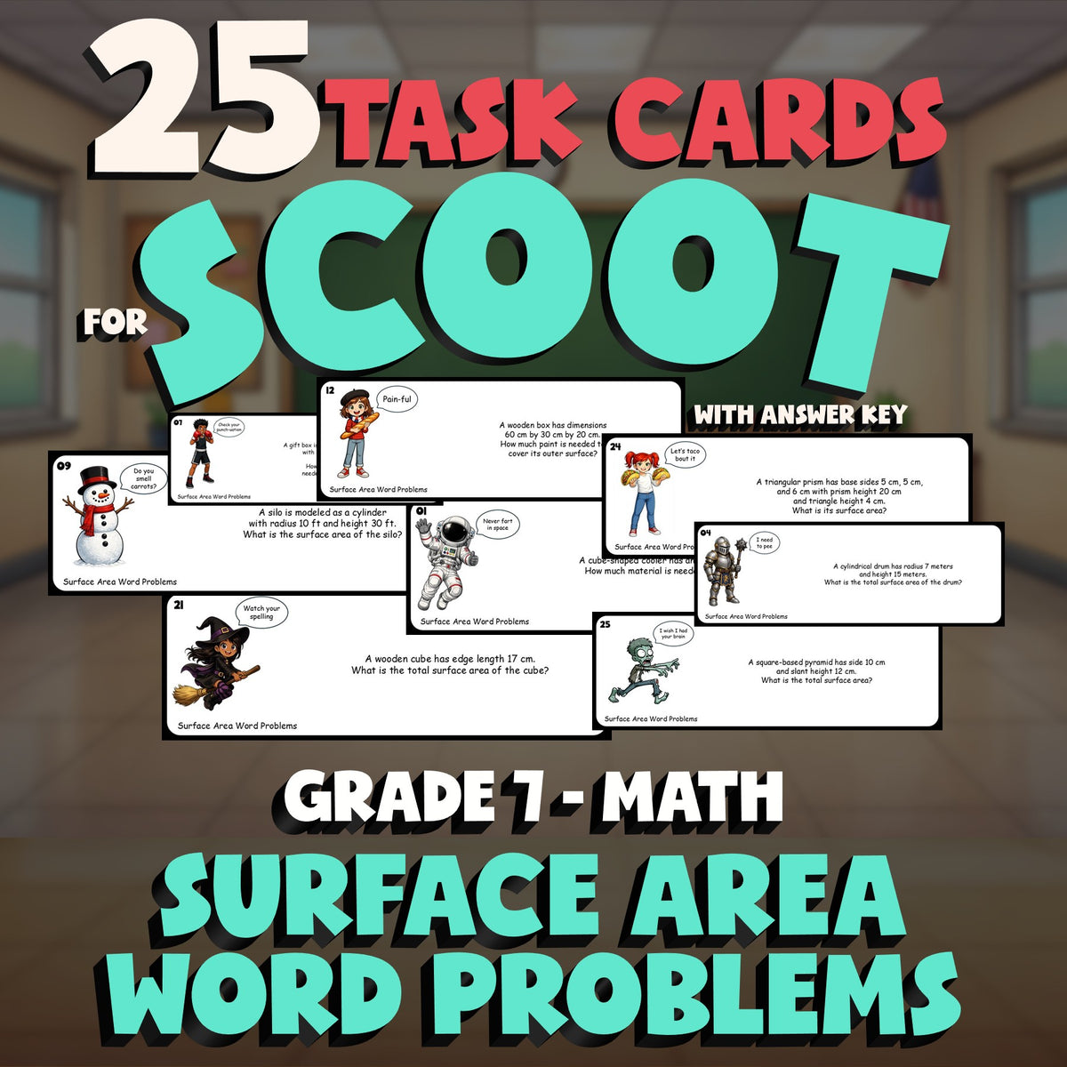 Surface Area Word Problems SCOOT TASK CARDS Math Game - No Prep Grade 7 Review