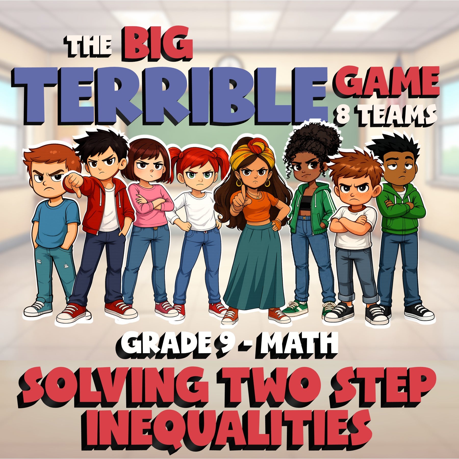 Solving Two Step Inequalities BIG TERRIBLE GAME - No Prep Grade 9 Math Review