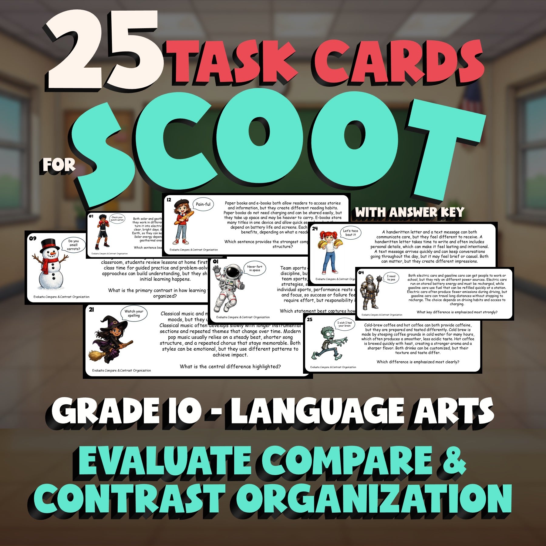 Evaluate Compare & Contrast Organization SCOOT TASK CARDS ELA Game - Grade 10