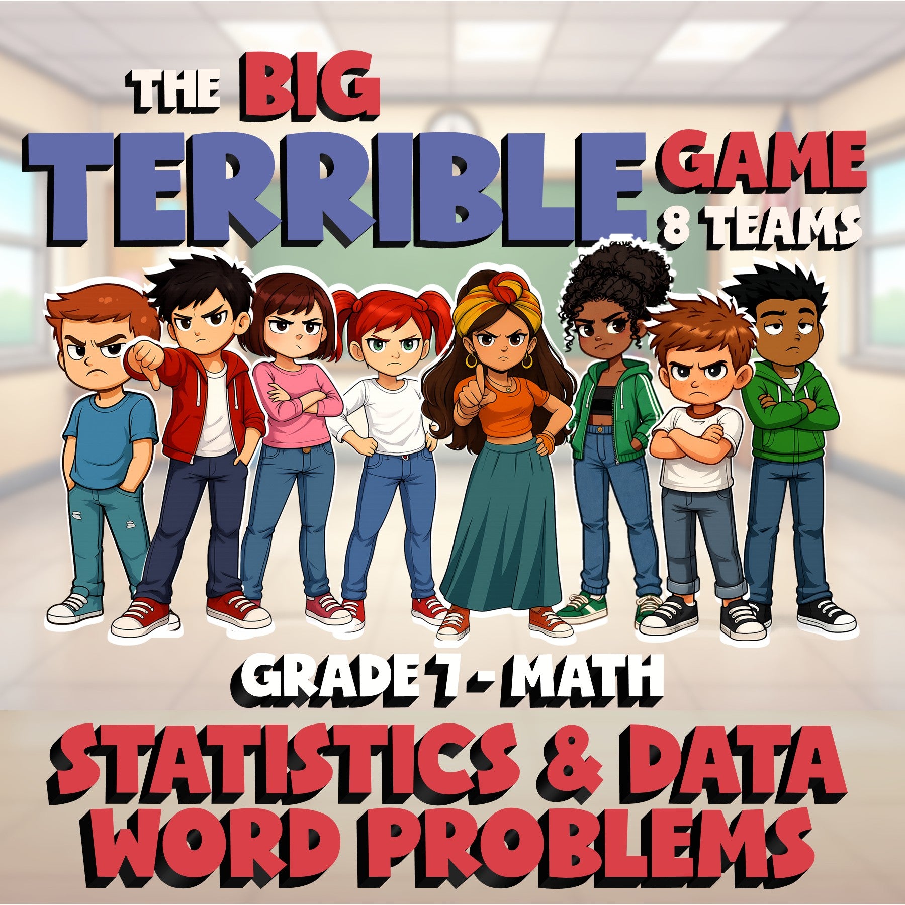 Statistics & Data Word Problems BIG TERRIBLE GAME - No Prep Grade 7 Math Review