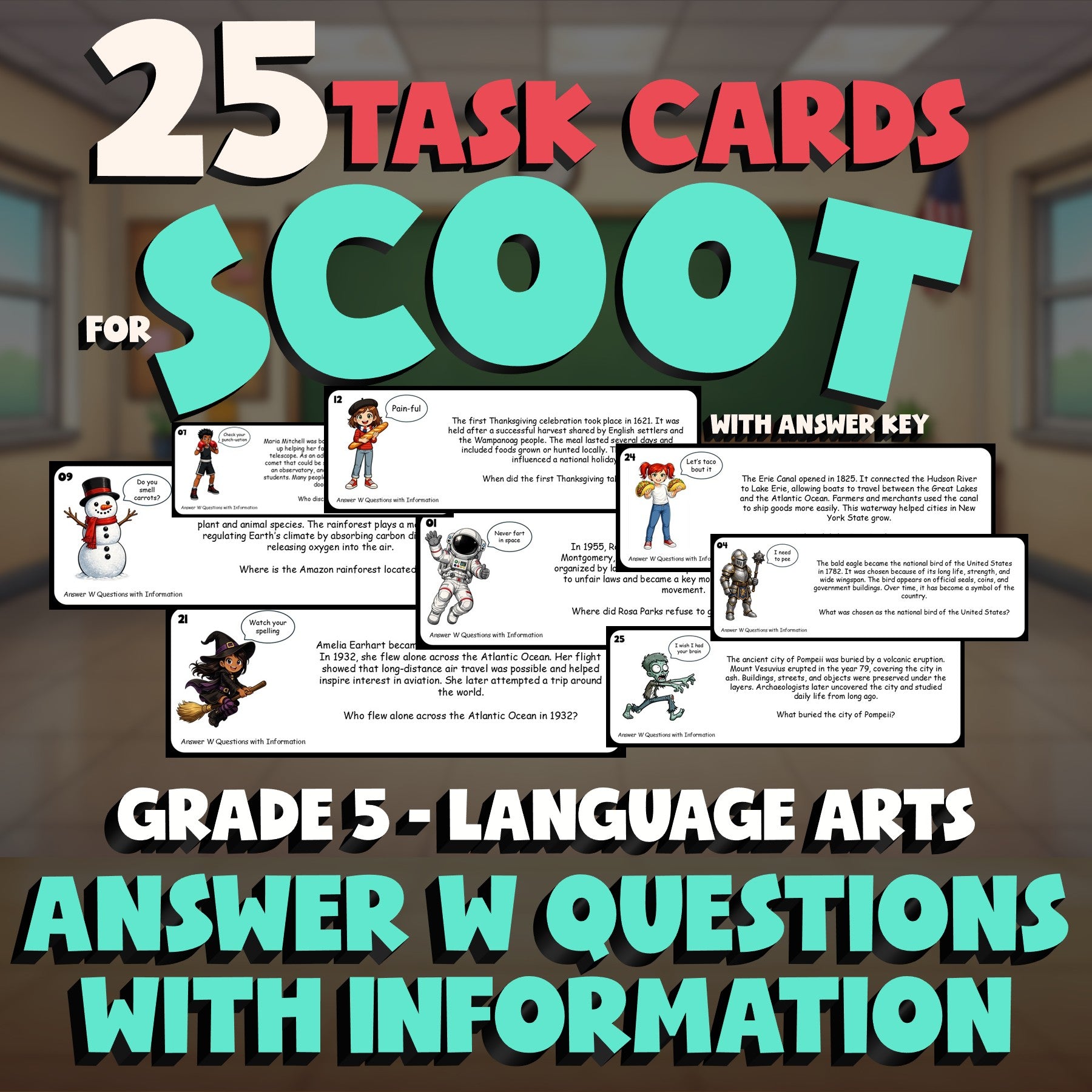 Answer W Questions with Information SCOOT TASK CARDS ELA Game - No Prep Grade 5