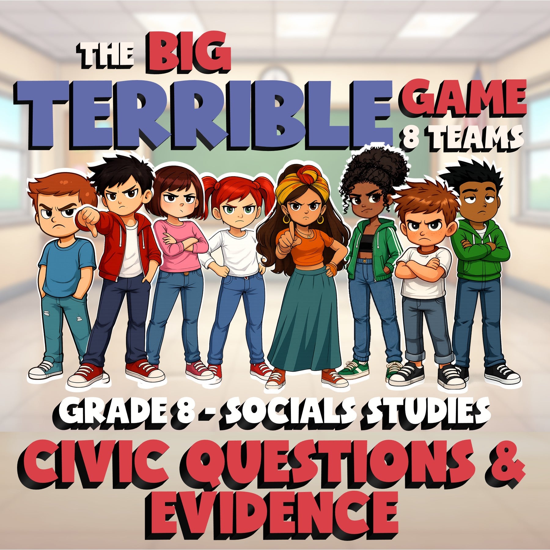 Civic Questions & Evidence BIG TERRIBLE GAME - No Prep Grade 8 Socials Review