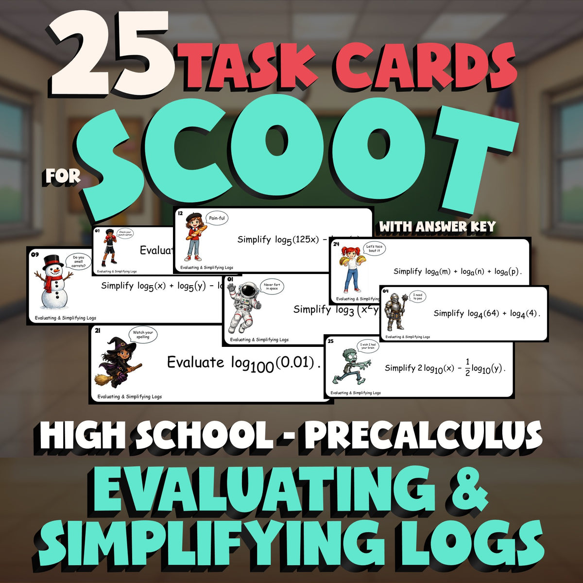 Evaluating & Simplifying Logs SCOOT TASK CARDS Math Game - No Prep PreCalculus