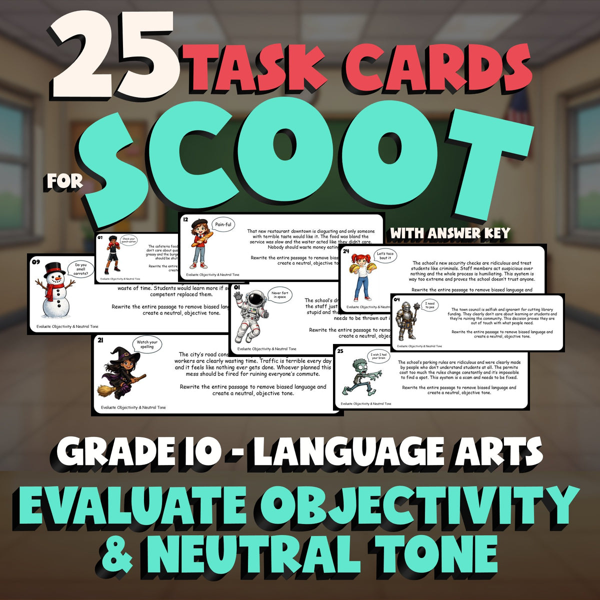 Evaluate Objectivity & Neutral Tone SCOOT TASK CARDS ELA Game - No Prep Grade 10